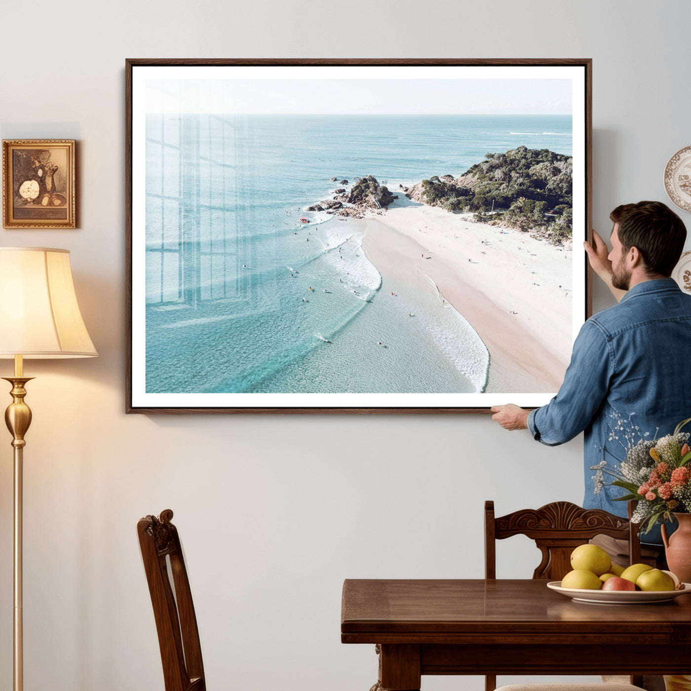 79395467-MGV-CV-36X24 - Aerial Beach Wall Art Canvas Print, Coastal Ocean Waves and Surfers Scenic Seaside Artwork for Home, Office Decor