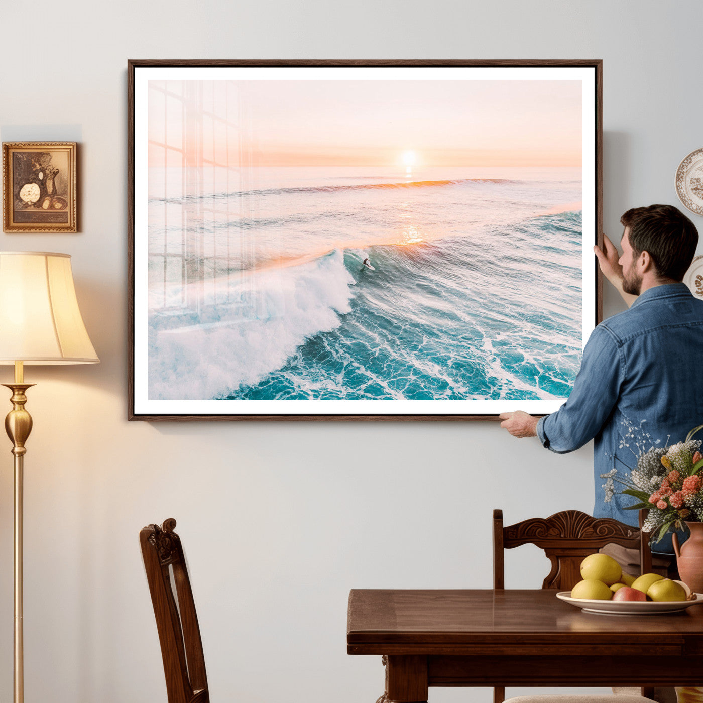 34064591-MGV-CV-36X24 - Sunset Surfing Wall Art Canvas Print, Ocean Wave Surfer with Golden Sky Artwork for Home, Office, Living Room