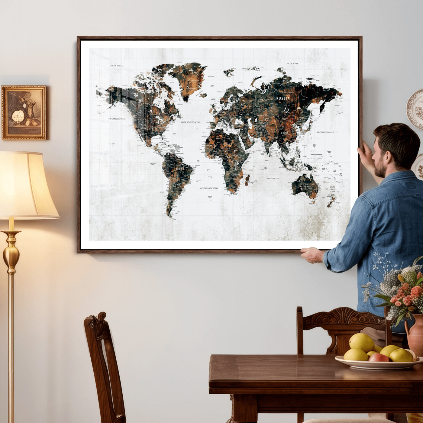 60008766-MGV-CV-36X24 - World Map Wall Art Canvas Print, Modern Decorative Framed Map Artwork Prints for Living Room, Office, Bedroom Wall Decor