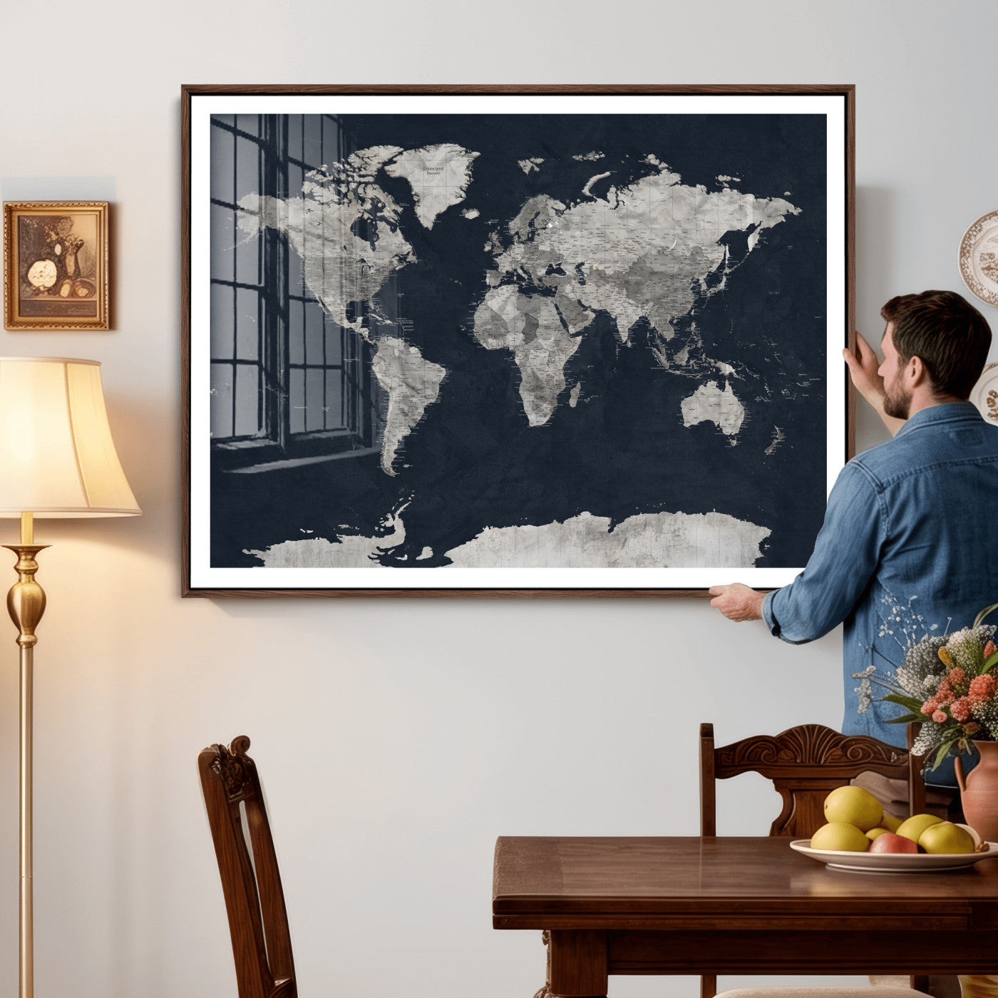 53886659-MGV-CV-36X24 - World Map Wall Art Canvas Print, Modern Decorative Framed Map Artwork Prints for Living Room, Office, Bedroom Wall Decor