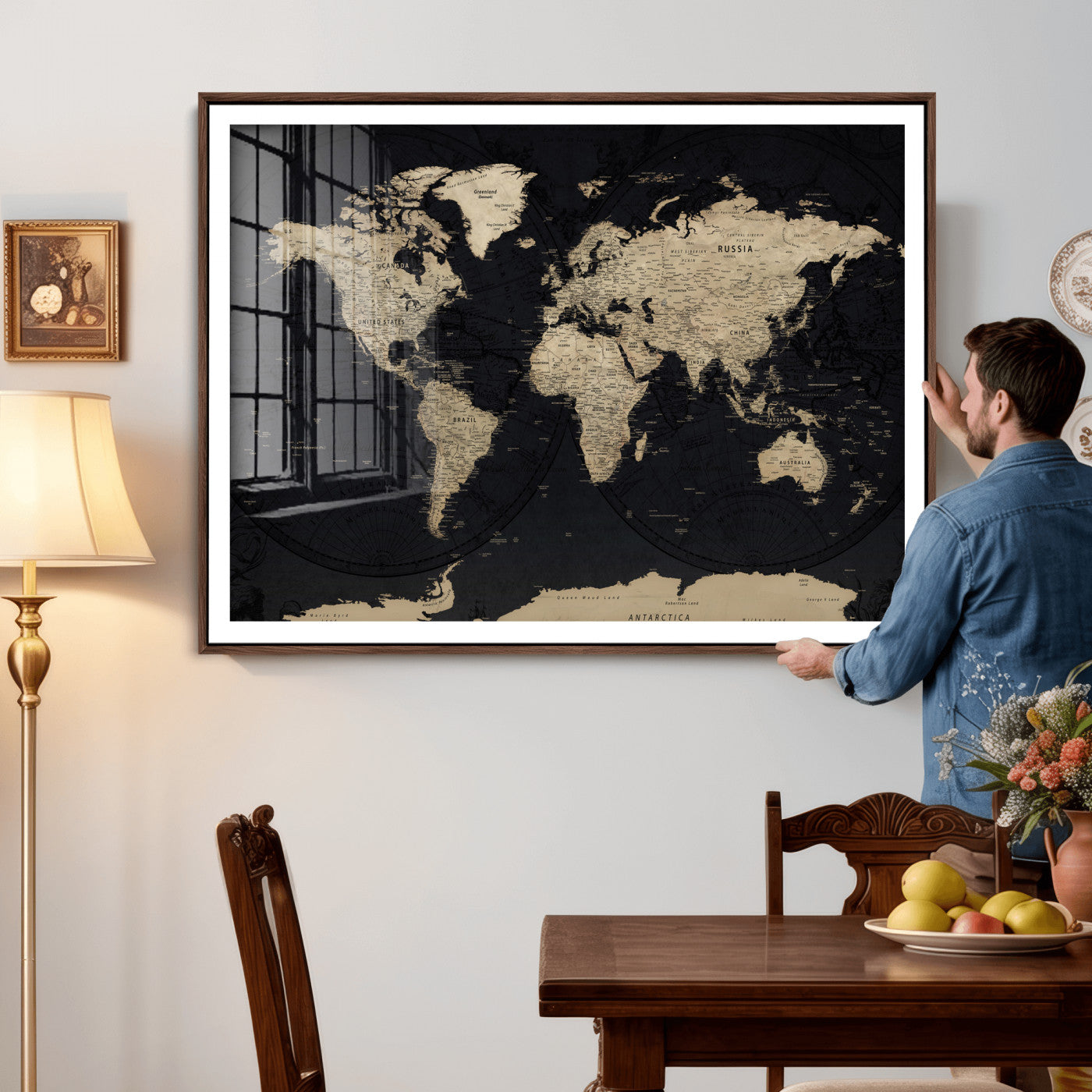 61835687-MGV-CV-36X24 - World Map Wall Art Canvas Print, Modern Decorative Framed Map Artwork Prints for Living Room, Office, Bedroom Wall Decor