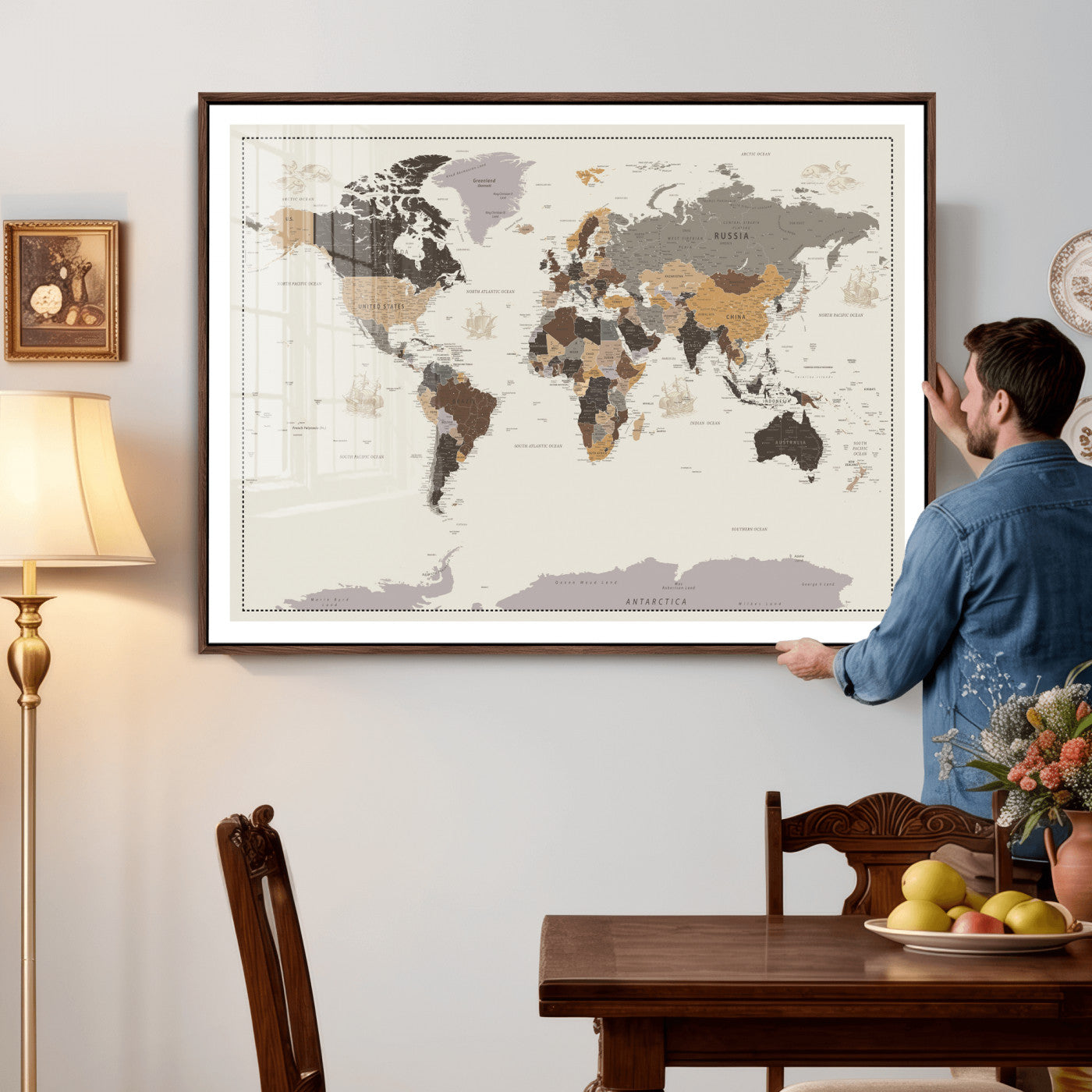 58777746-MGV-CV-36X24 - World Map Wall Art Canvas Print, Modern Decorative Framed Map Artwork Prints for Living Room, Office, Bedroom Wall Decor