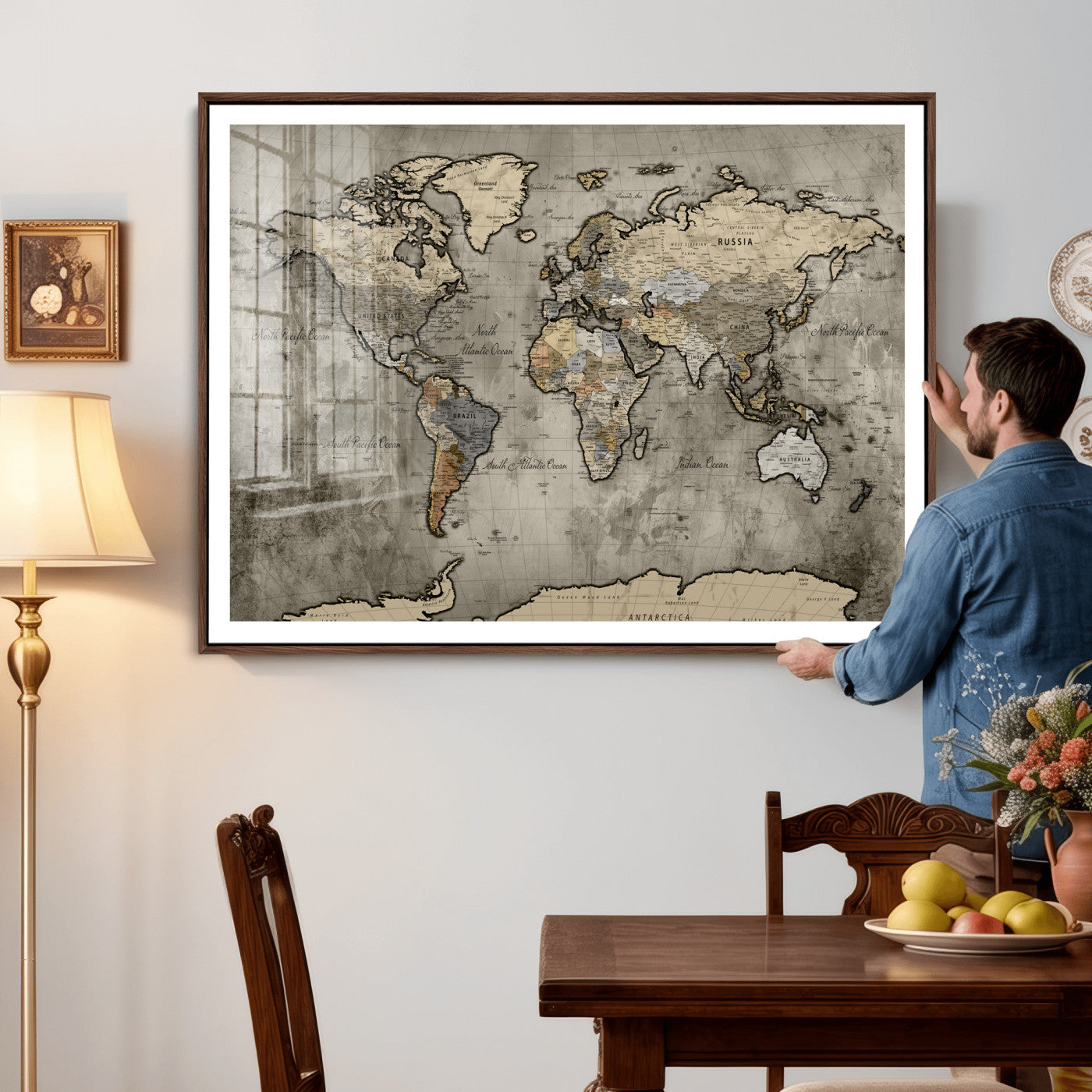 85218700-MGV-CV-36X24 - World Map Wall Art Canvas Print, Modern Decorative Framed Map Artwork Prints for Living Room, Office, Bedroom Wall Decor