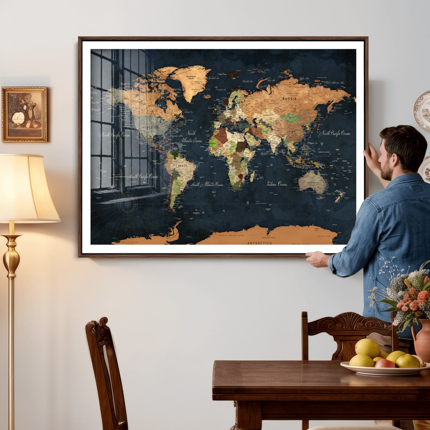 53717402-MGV-CV-36X24 - World Map Wall Art Canvas Print, Modern Decorative Framed Map Artwork Prints for Living Room, Office, Bedroom Wall Decor