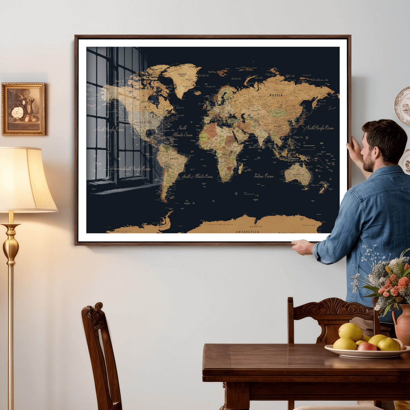 36916368-MGV-CV-36X24 - World Map Wall Art Canvas Print, Modern Decorative Framed Map Artwork Prints for Living Room, Office, Bedroom Wall Decor