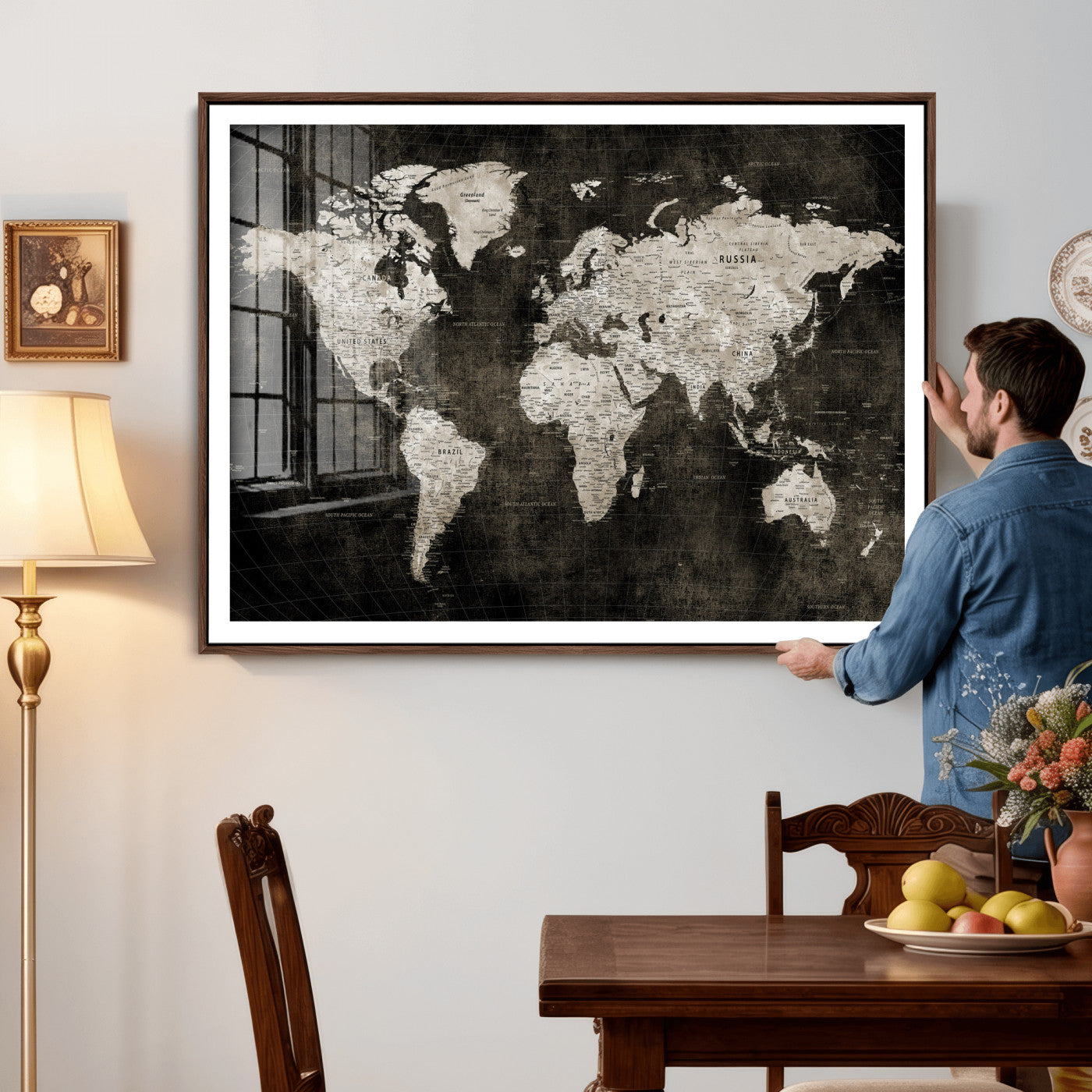 94581666-MGV-CV-36X24 - World Map Wall Art Canvas Print, Modern Decorative Framed Map Artwork Prints for Living Room, Office, Bedroom Wall Decor