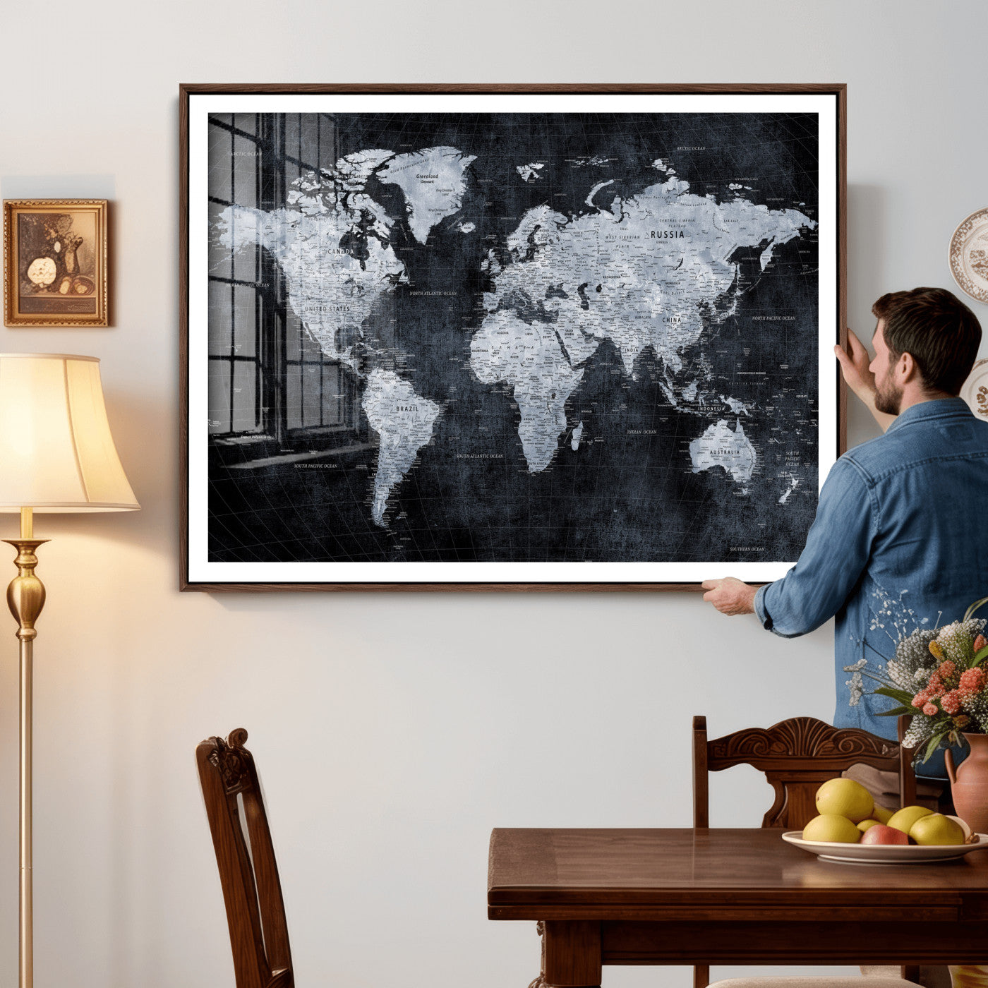 86893704-MGV-CV-36X24 - World Map Wall Art Canvas Print, Modern Decorative Framed Map Artwork Prints for Living Room, Office, Bedroom Wall Decor