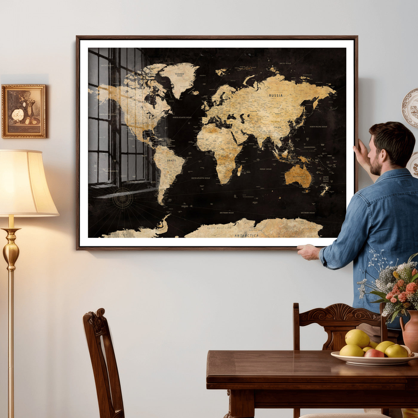 70468159-MGV-CV-36X24 - World Map Wall Art Canvas Print, Modern Decorative Framed Map Artwork Prints for Living Room, Office, Bedroom Wall Decor