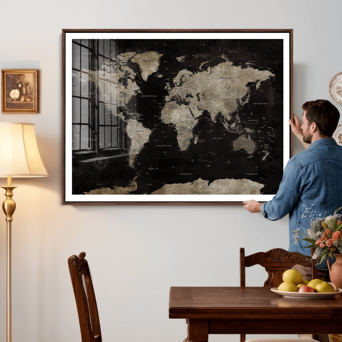 56225956-MGV-CV-36X24 - World Map Wall Art Canvas Print, Modern Decorative Framed Map Artwork Prints for Living Room, Office, Bedroom Wall Decor