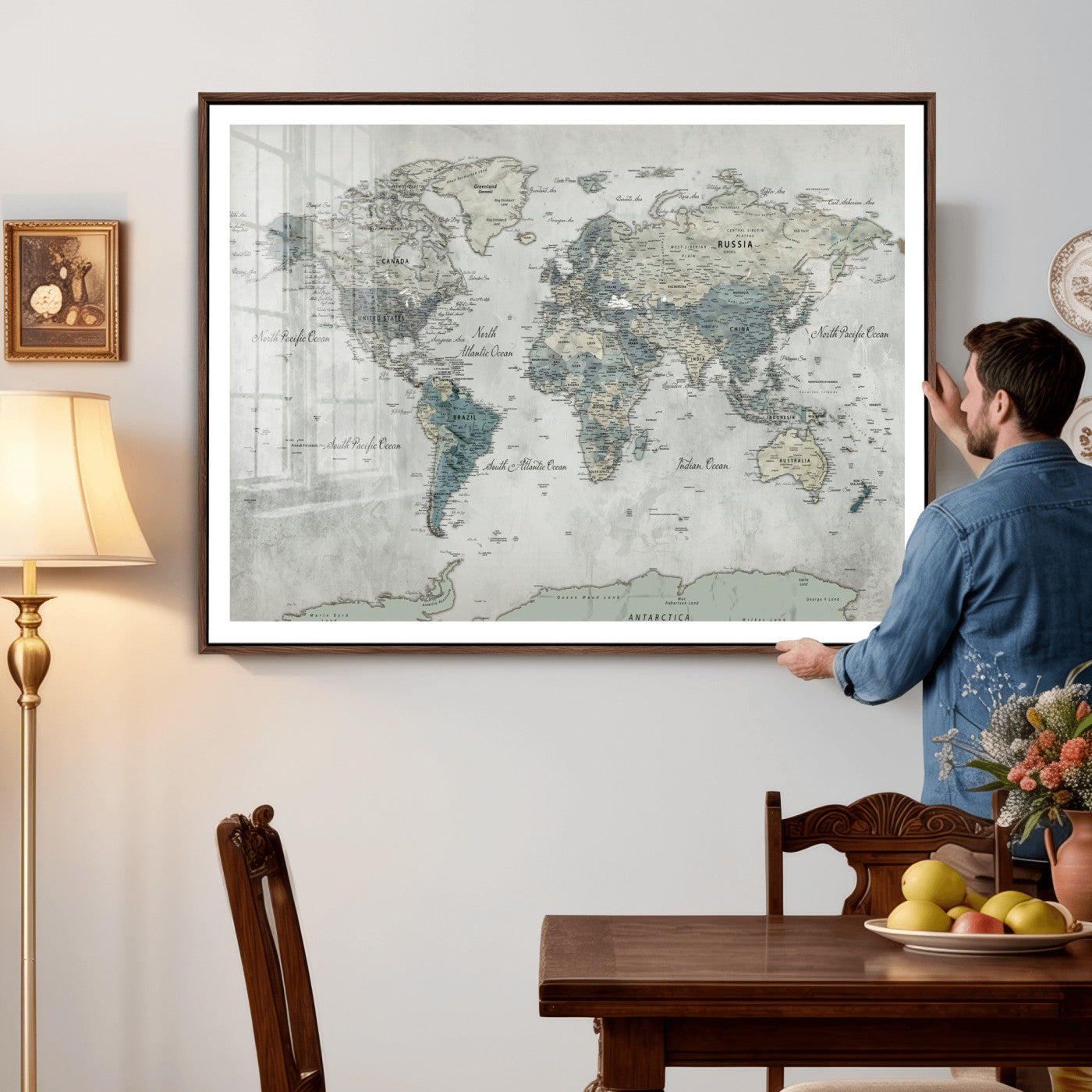 91132939-MGV-CV-36X24 - World Map Wall Art Canvas Print, Modern Decorative Framed Map Artwork Prints for Living Room, Office, Bedroom Wall Decor