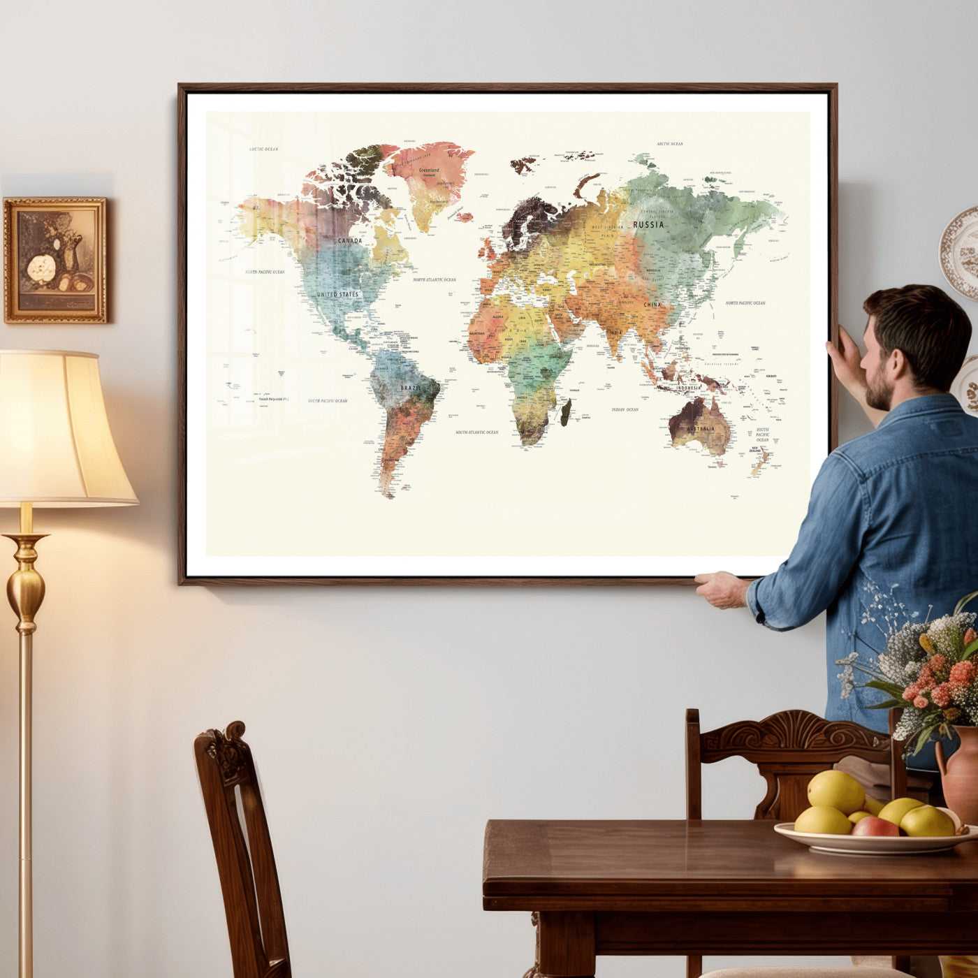 64206059-MGV-CV-36X24 - World Map Wall Art Canvas Print, Modern Decorative Framed Map Artwork Prints for Living Room, Office, Bedroom Wall Decor