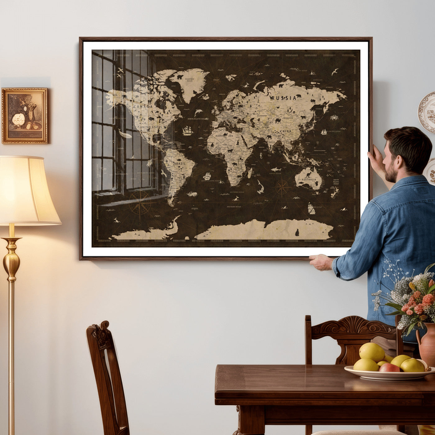 44276398-MGV-CV-36X24 - World Map Wall Art Canvas Print, Modern Decorative Framed Map Artwork Prints for Living Room, Office, Bedroom Wall Decor