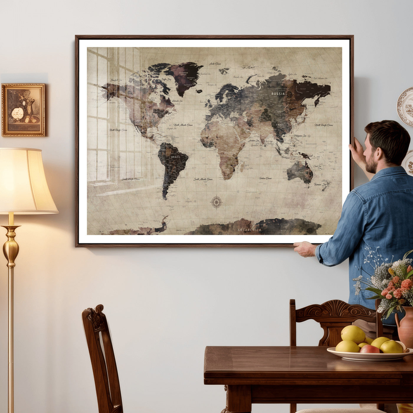 60560672-MGV-CV-36X24 - World Map Wall Art Canvas Print, Modern Decorative Framed Map Artwork Prints for Living Room, Office, Bedroom Wall Decor