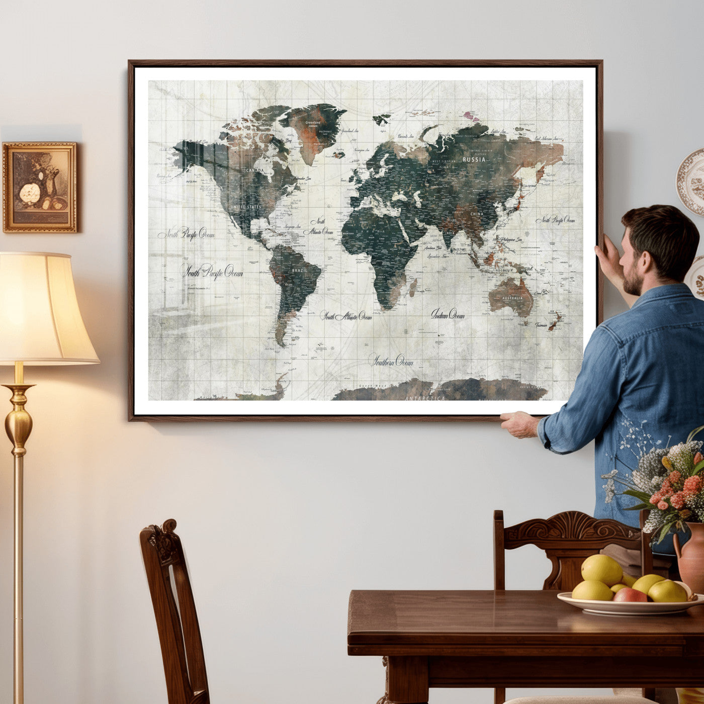 91179593-MGV-CV-36X24 - World Map Wall Art Canvas Print, Modern Decorative Framed Map Artwork Prints for Living Room, Office, Bedroom Wall Decor