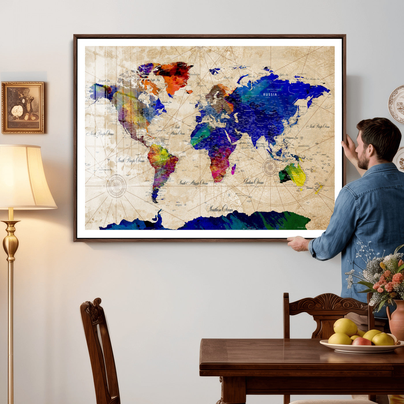 26284075-MGV-CV-36X24 - World Map Wall Art Canvas Print, Modern Decorative Framed Map Artwork Prints for Living Room, Office, Bedroom Wall Decor