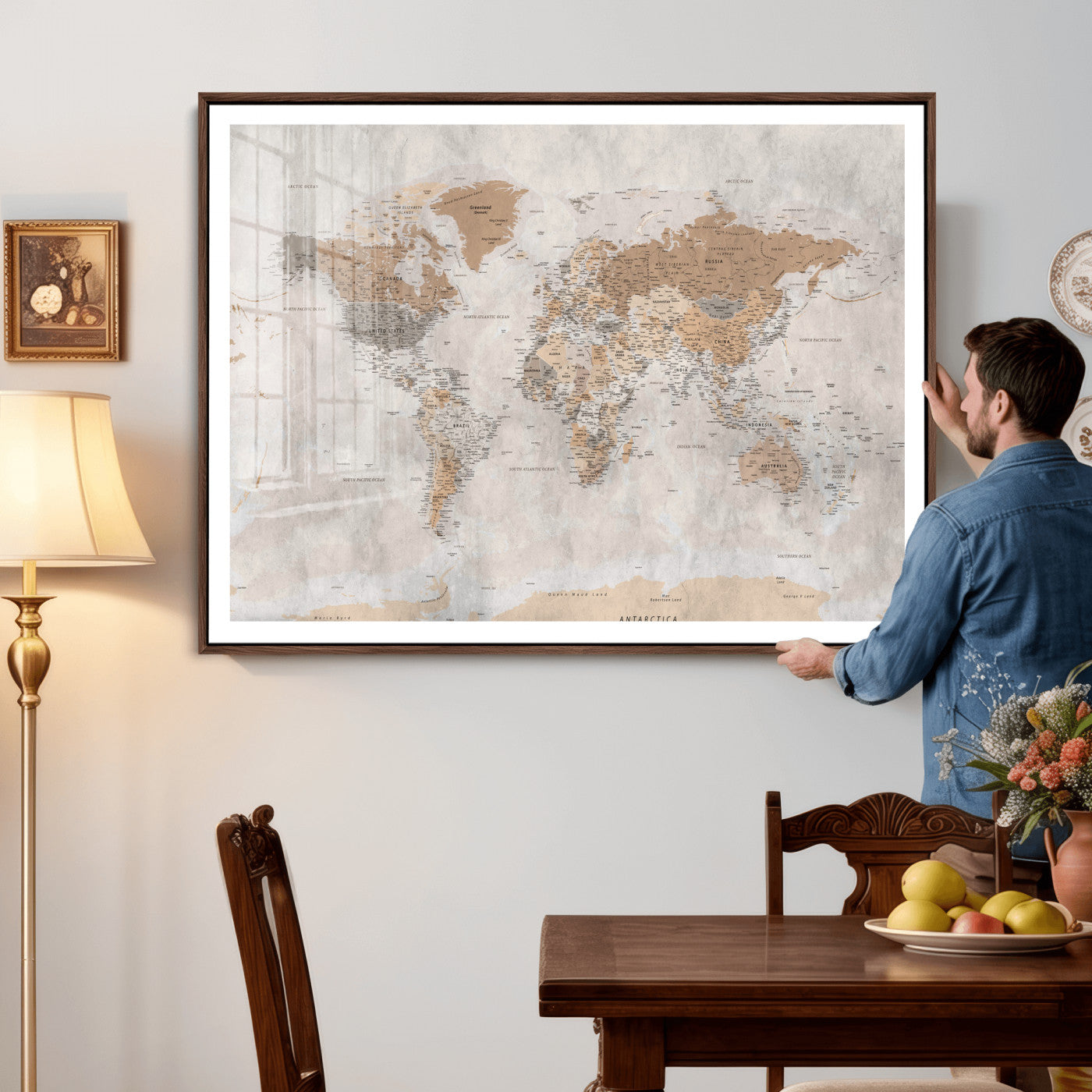 34051638-MGV-CV-36X24 - World Map Wall Art Canvas Print, Modern Decorative Framed Map Artwork Prints for Living Room, Office, Bedroom Wall Decor