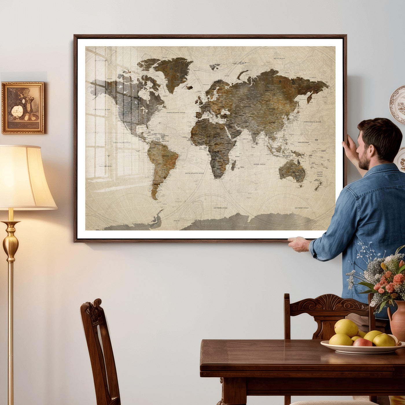 49623468-MGV-CV-36X24 - World Map Wall Art Canvas Print, Modern Decorative Framed Map Artwork Prints for Living Room, Office, Bedroom Wall Decor