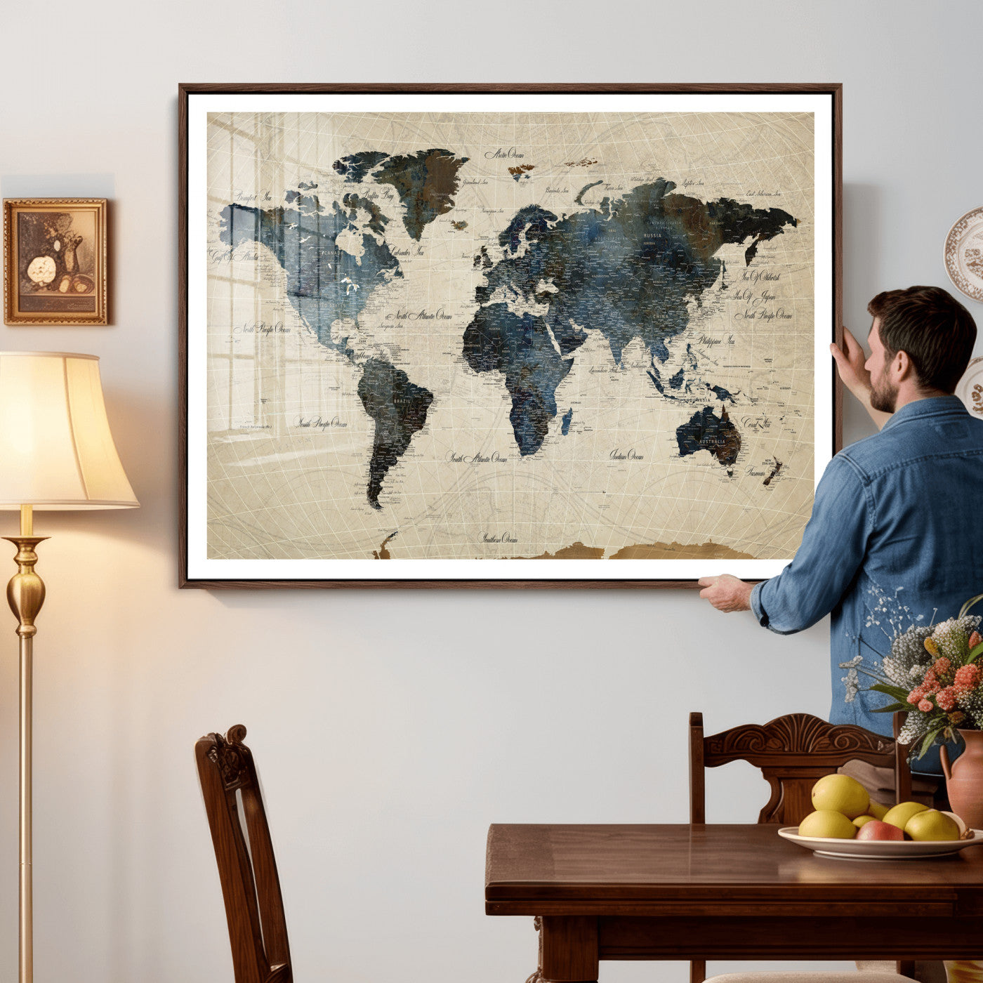 72927803-MGV-CV-36X24 - World Map Wall Art Canvas Print, Modern Decorative Framed Map Artwork Prints for Living Room, Office, Bedroom Wall Decor