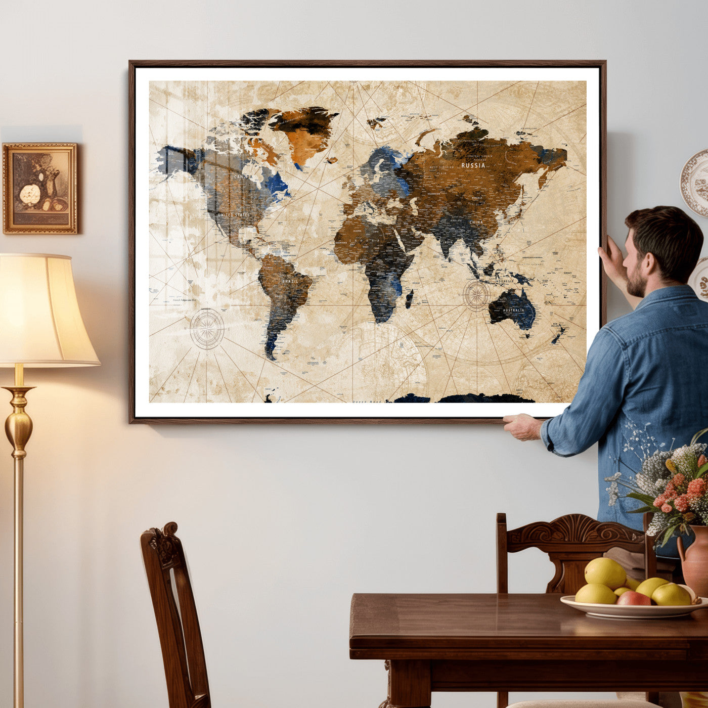 15727090-MGV-CV-36X24 - World Map Wall Art Canvas Print, Modern Decorative Framed Map Artwork Prints for Living Room, Office, Bedroom Wall Decor