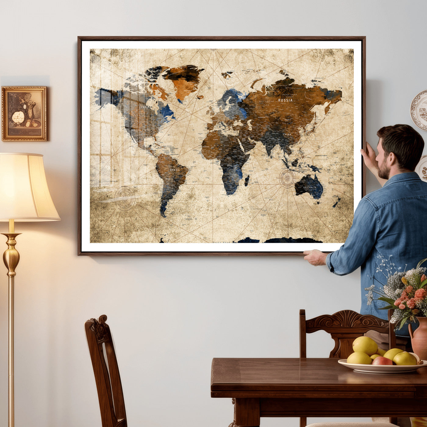 27163414-MGV-CV-36X24 - World Map Wall Art Canvas Print, Modern Decorative Framed Map Artwork Prints for Living Room, Office, Bedroom Wall Decor