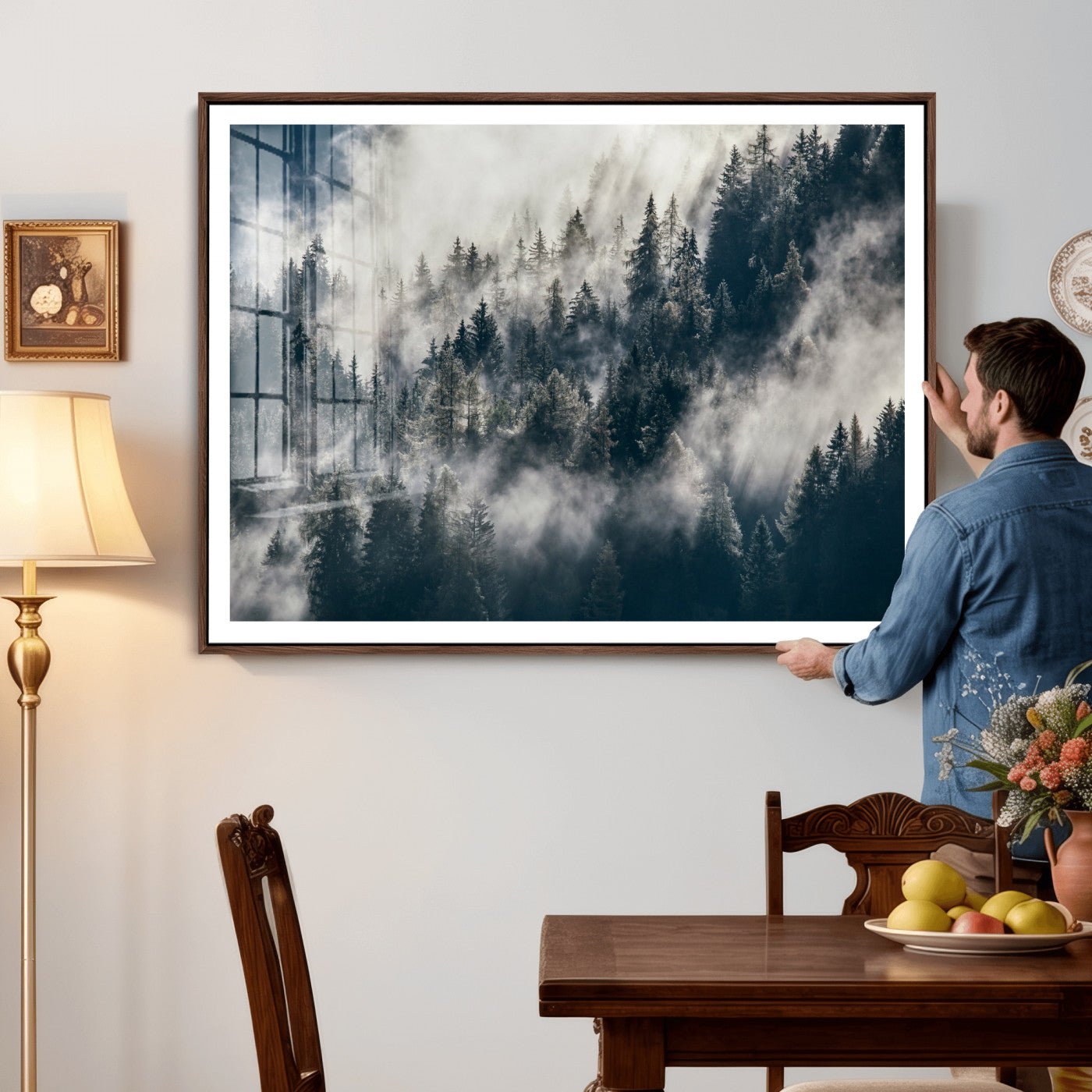 63405824-MGV-CV-36X24 - Foggy Mountain Forest Canvas Print, Misty Pine Trees Nature Wall Art, Framed Canvas Ready to Hang
