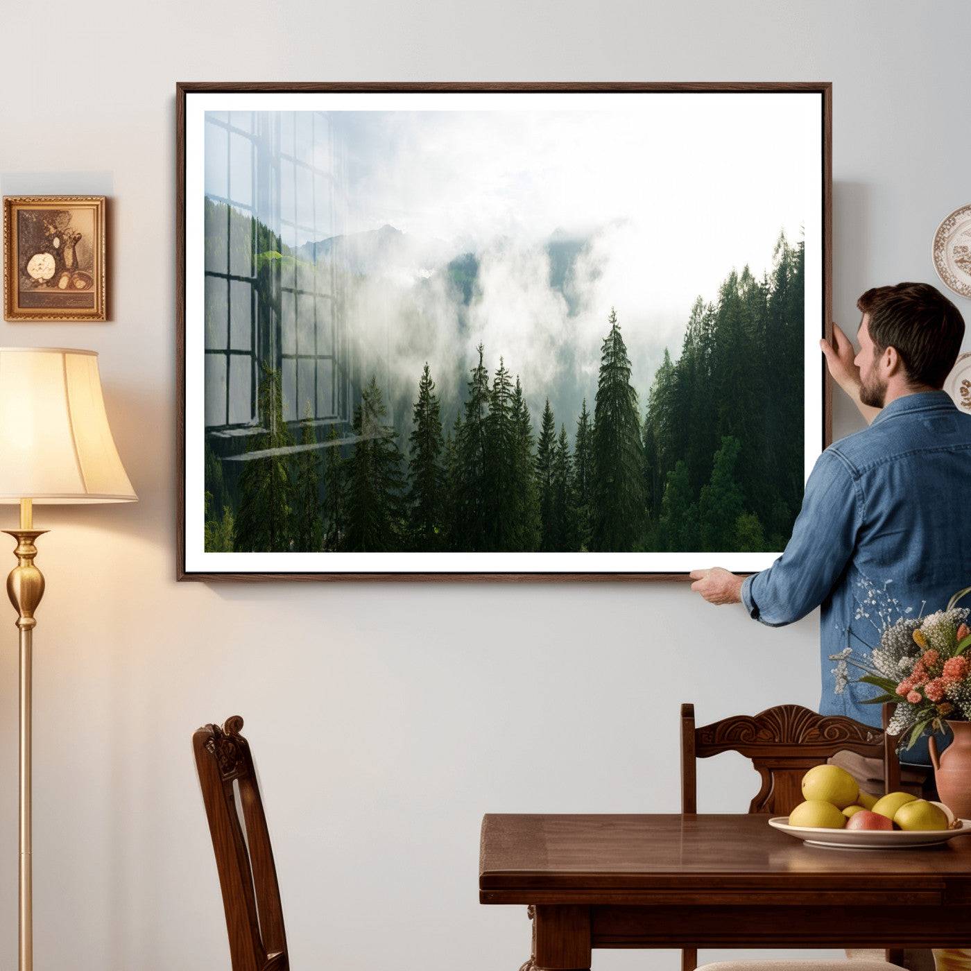 67174129-MGV-CV-36X24 - Misty Mountain Forest Canvas Print, Foggy Pine Trees Nature Wall Art, Framed Canvas Ready to Hang