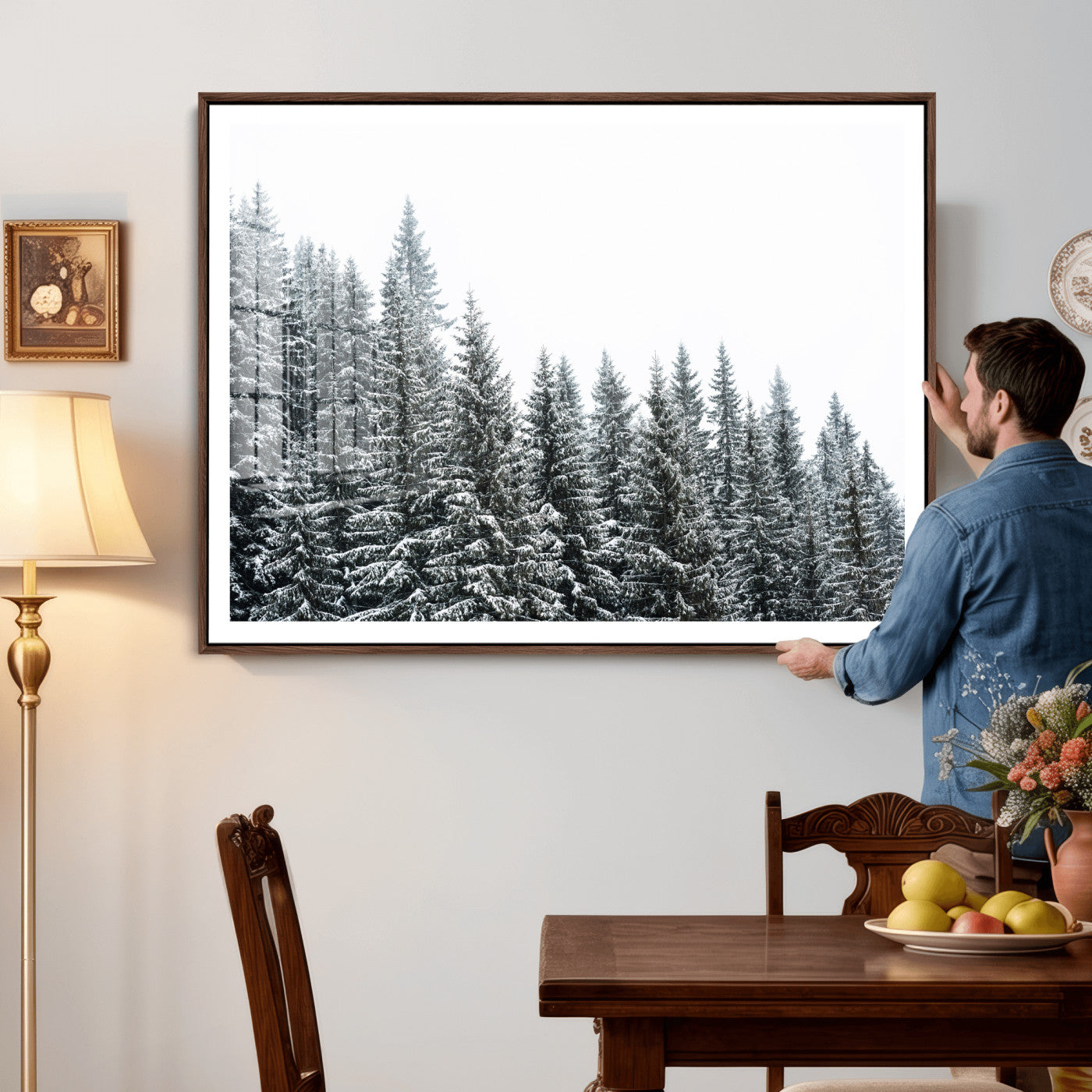 69566941-MGV-CV-36X24 - Misty Mountain Forest Canvas Print, Foggy Pine Trees Nature Wall Art, Framed Canvas Ready to Hang