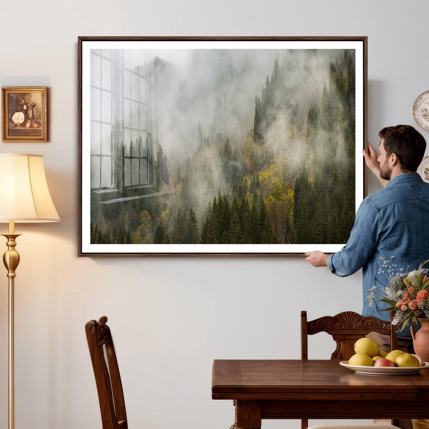 31152954-MGV-CV-36X24 - Misty Mountain Forest Canvas Print, Foggy Pine Trees Nature Wall Art, Framed Canvas Ready to Hang