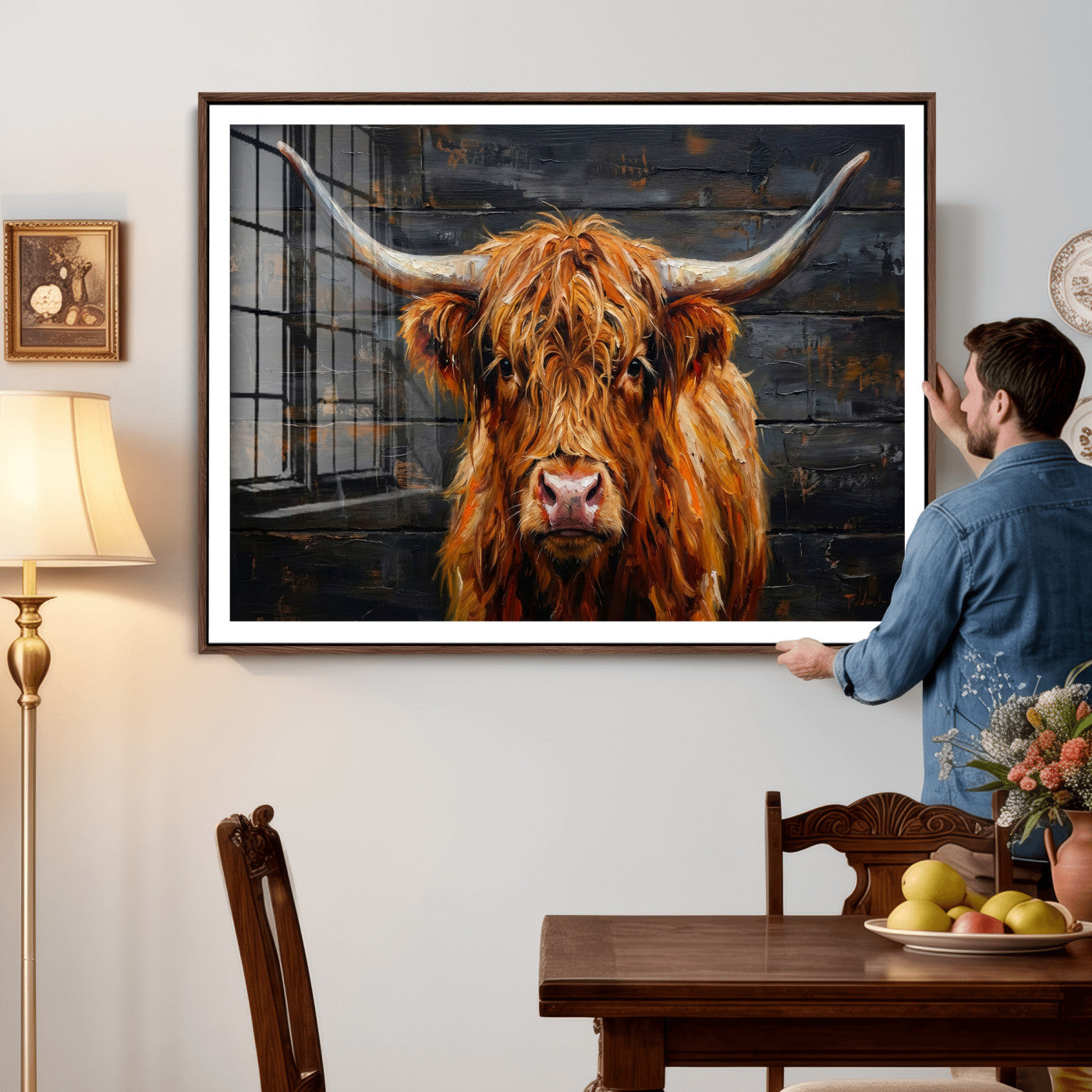32536611-MGV-CV-36X24 - Highland Cow Wall Art Canvas Print, Rustic Farm Animal Painting, Framed Wall Art Ready to Hang