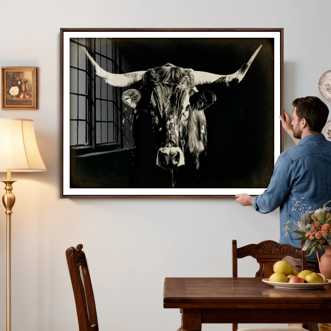 91364114-MGV-CV-36X24 - Black Bull Wall Art Canvas Print, Texas Longhorn Portrait Print, Framed Wall Art Ready to Hang