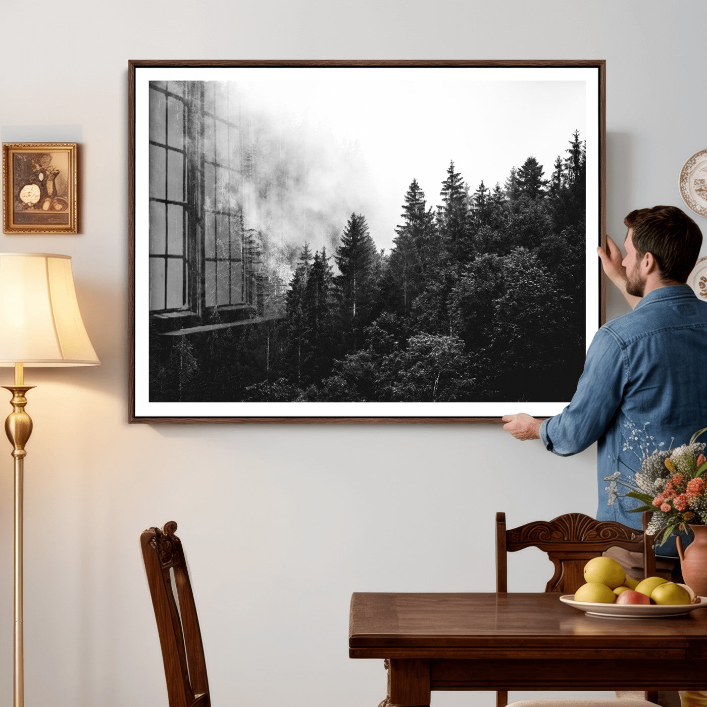 98764151-MGV-CV-36X24 - Black and White Forest Wall Art Canvas Print, Misty Pine Tree Landscape Photography, Framed Wall Art Ready to Hang