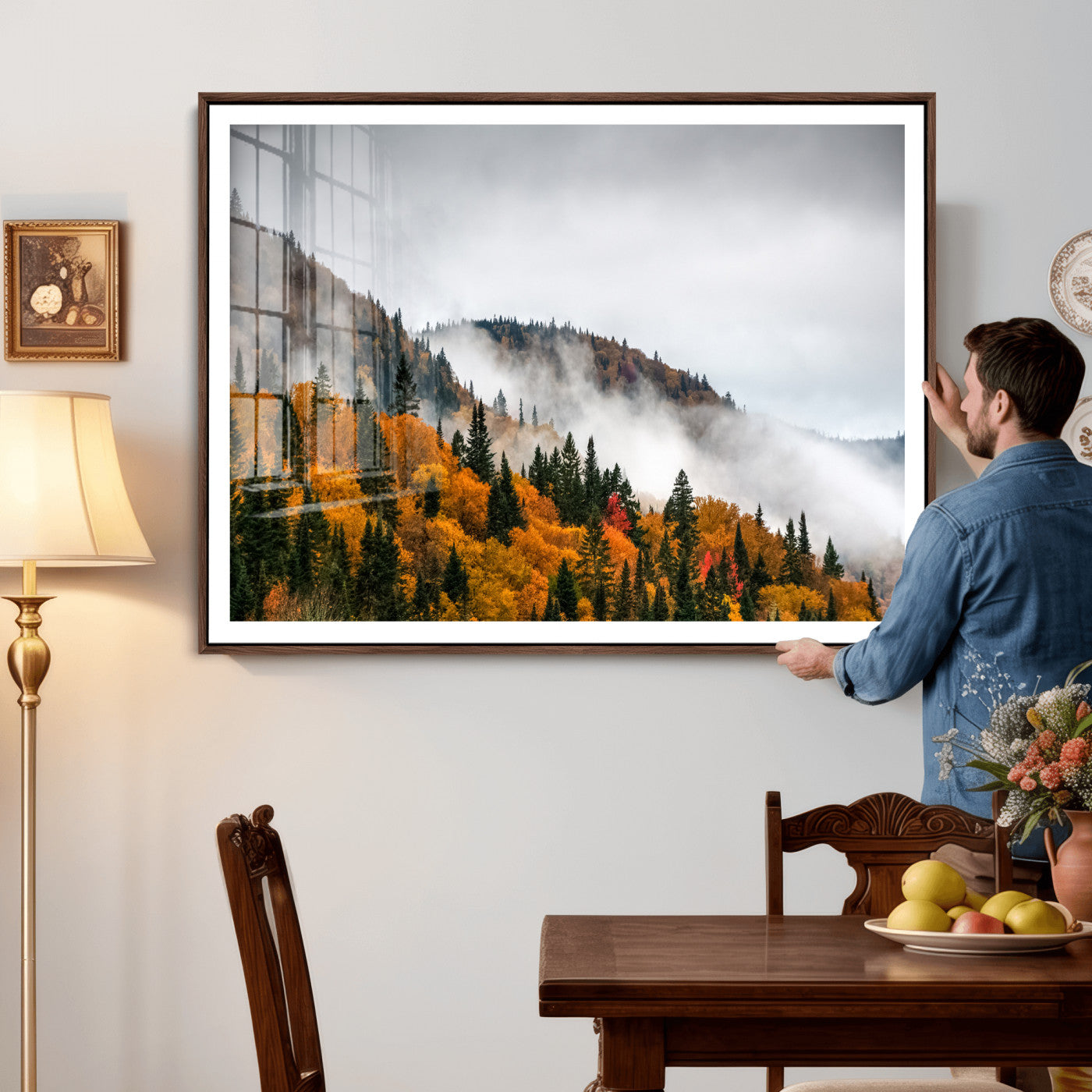 93581632-MGV-CV-36X24 - Autumn Forest Wall Art Canvas Print, Foggy Mountain Landscape Nature Photography, Framed Wall Art Ready to Hang