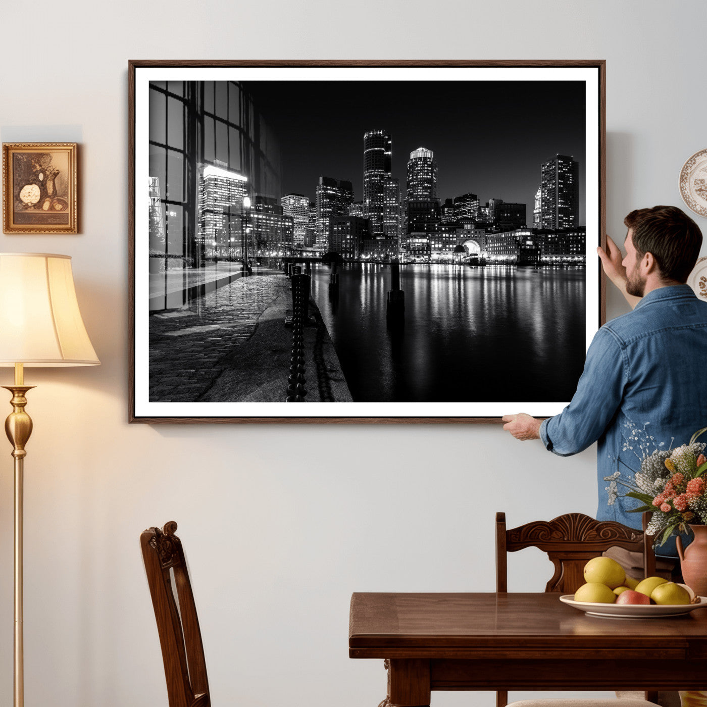 53082656-MGV-CV-36X24 - Boston Wall Art Canvas Print, Boston City Downtown Night Cityscape Print for Modern Urban Wall Decor
