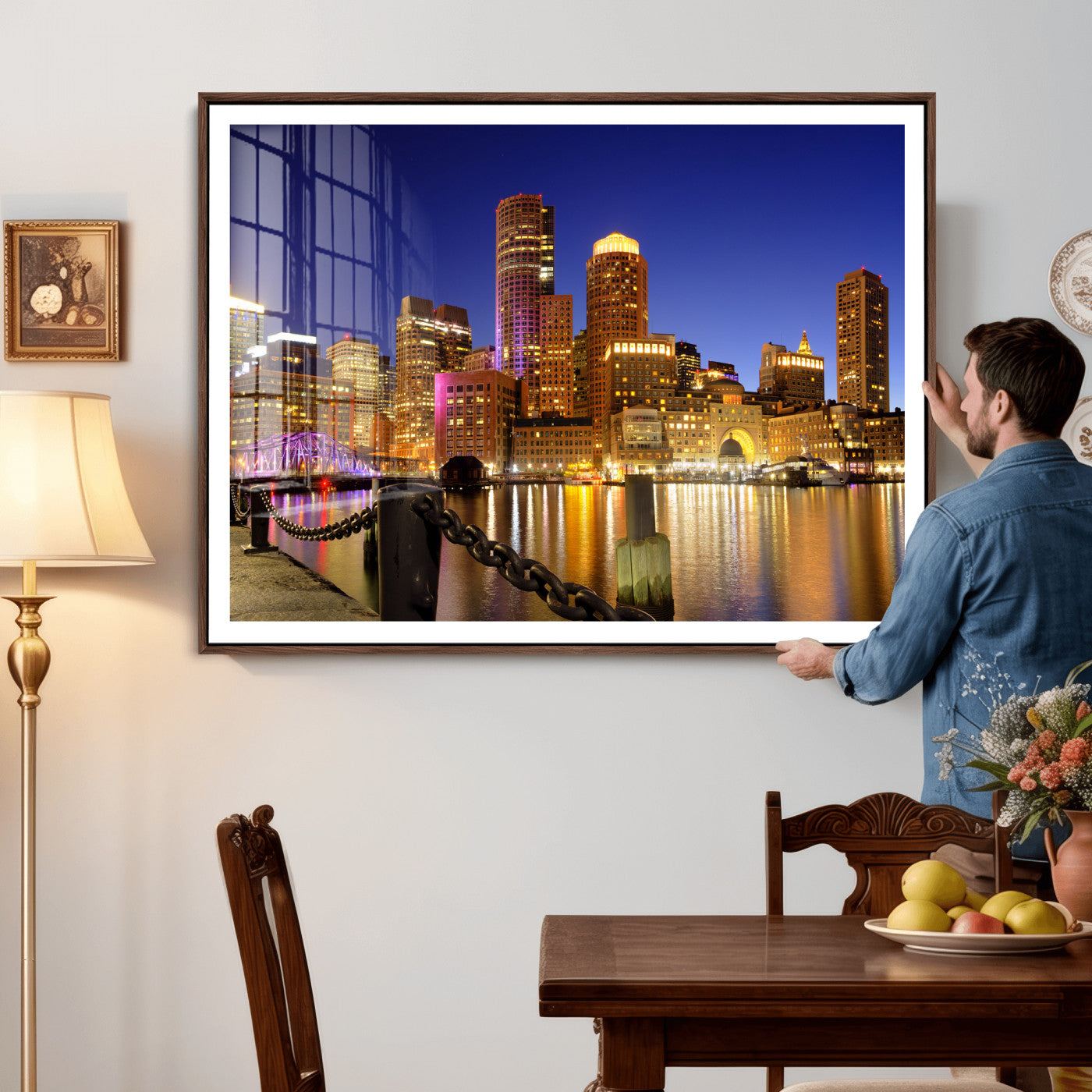 56611117-MGV-CV-36X24 - Boston Wall Art Canvas Print, Boston City Downtown Night Cityscape Print for Modern Urban Wall Decor