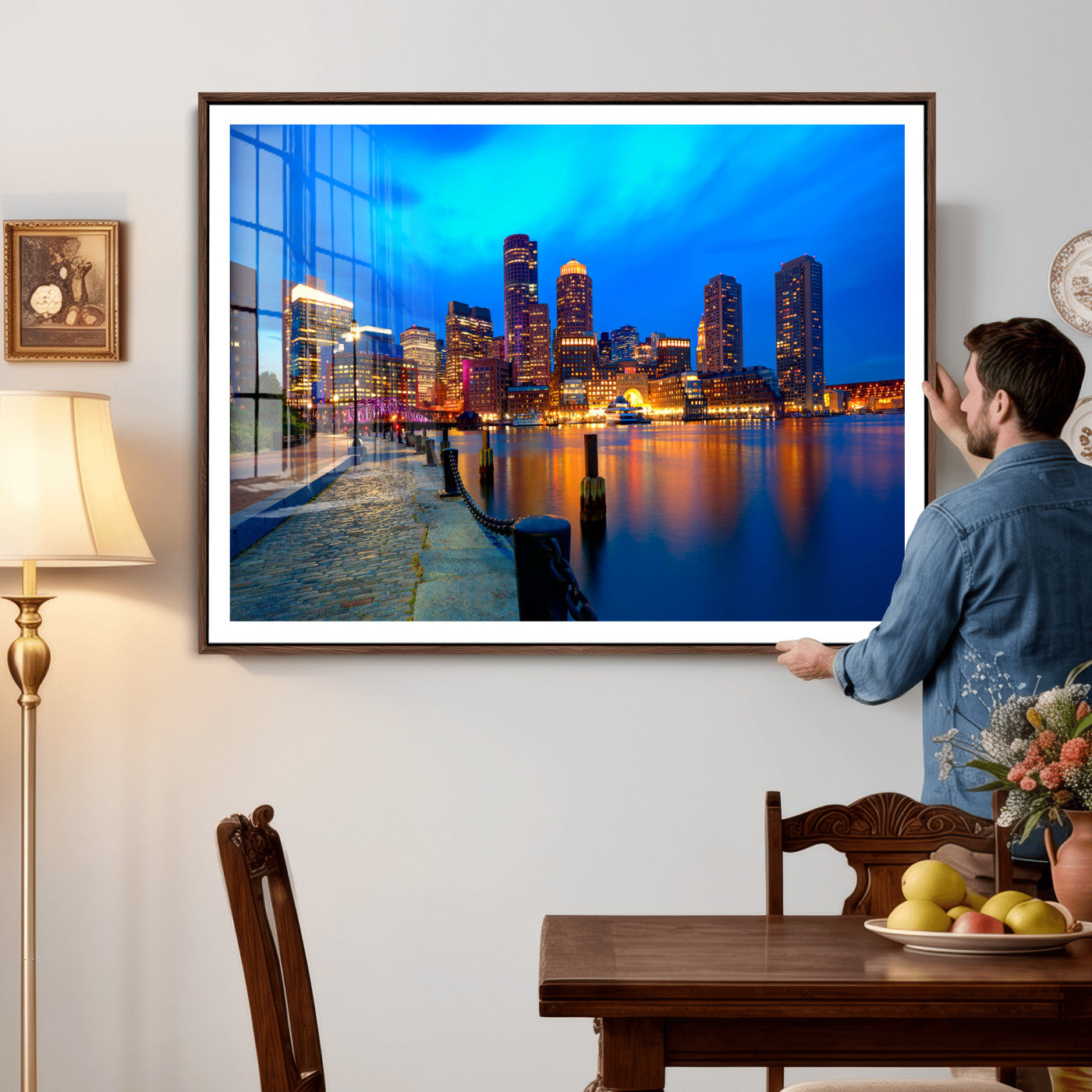 69619565-MGV-CV-36X24 - Boston Wall Art Canvas Print, Boston City Downtown Night Cityscape Print for Modern Urban Wall Decor