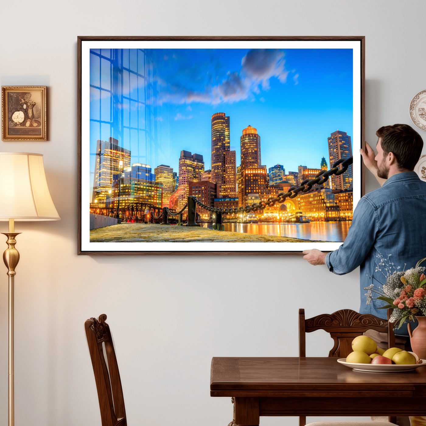46736409-MGV-CV-36X24 - Boston Wall Art Canvas Print, Boston City Downtown Night Cityscape Print for Modern Urban Wall Decor