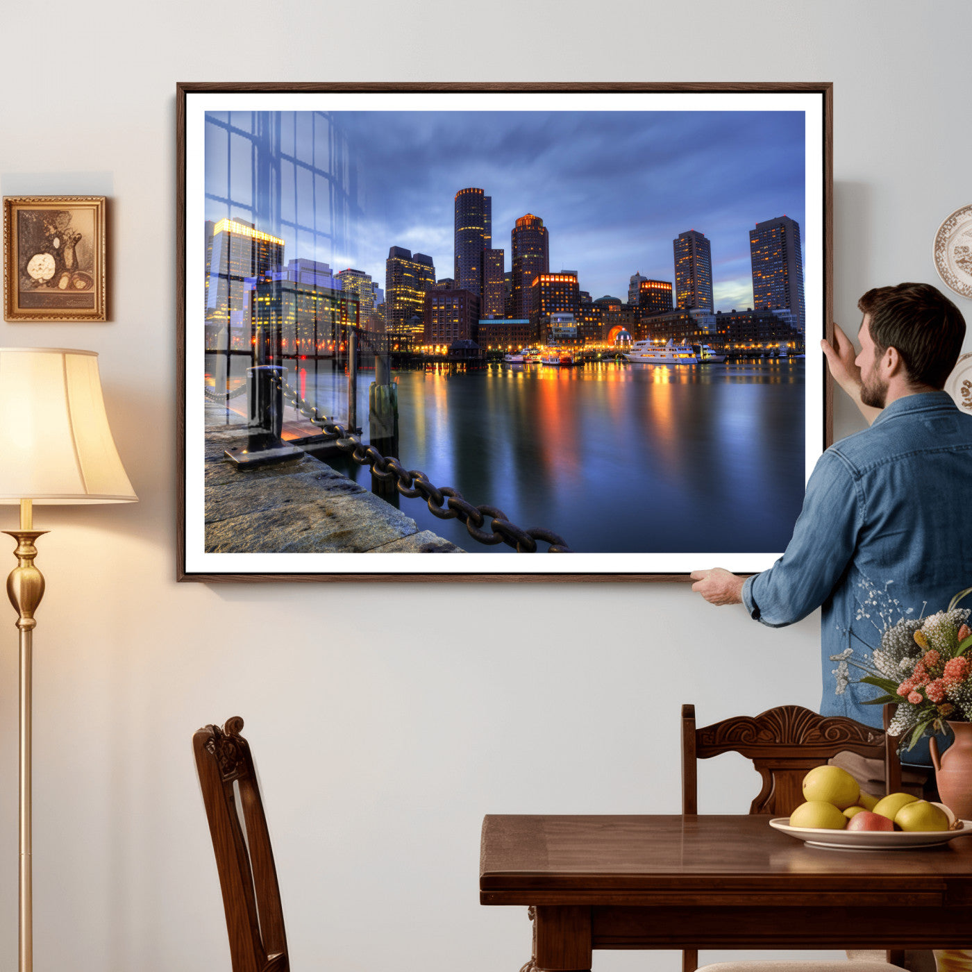 82439622-MGV-CV-36X24 - Boston Wall Art Canvas Print, Boston City Downtown Night Cityscape Print for Modern Urban Wall Decor