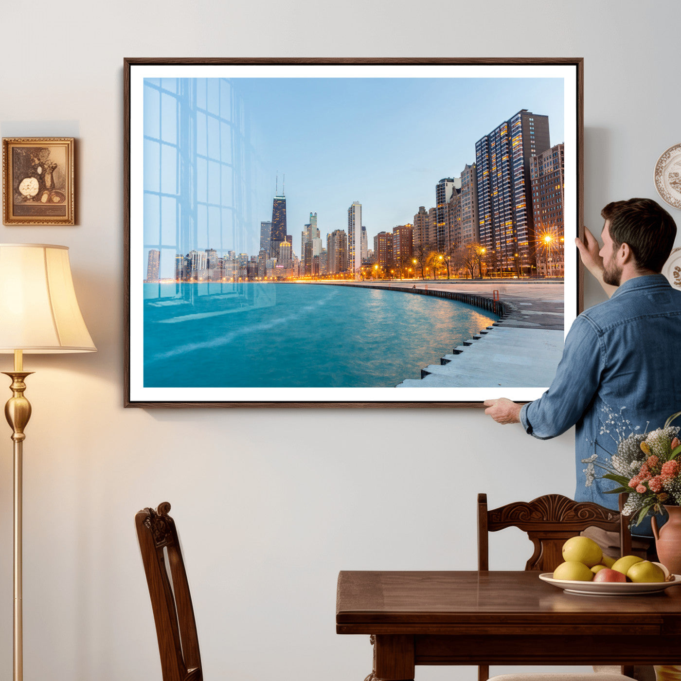 66780141-MGV-CV-36X24 - Chicago Wall Art Canvas Print, Chicago City Downtown Night Cityscape Print for Modern Urban Wall Decor