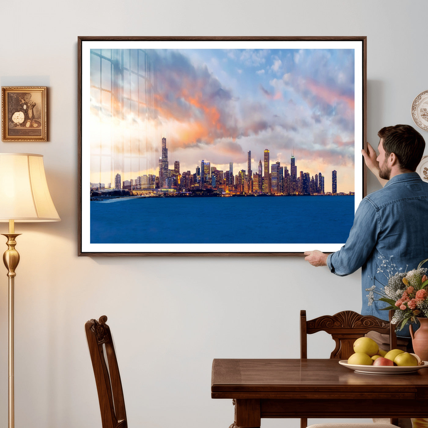 34667960-MGV-CV-36X24 - Chicago Wall Art Canvas Print, Chicago City Downtown Night Cityscape Print for Modern Urban Wall Decor