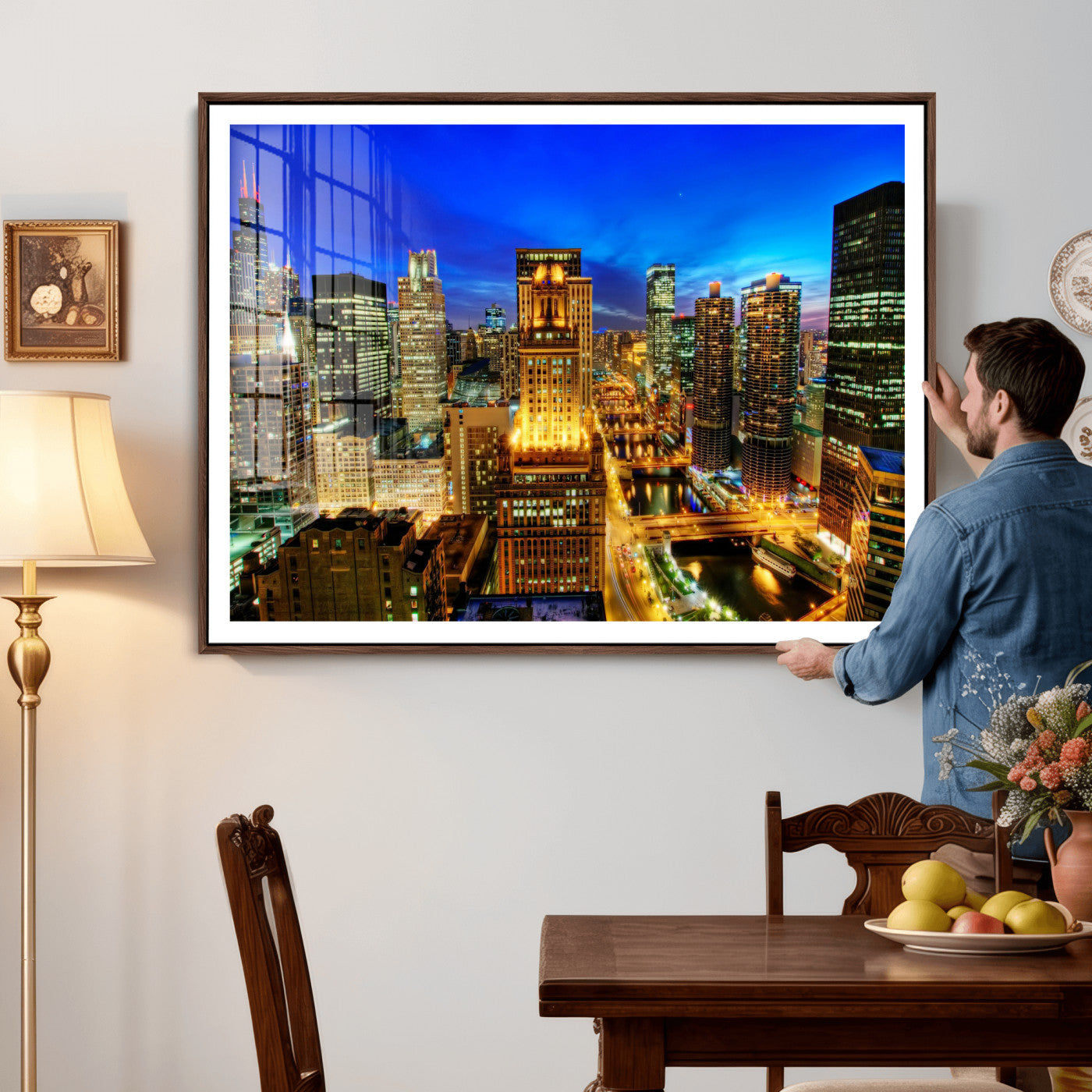 46298885-MGV-CV-36X24 - Chicago Wall Art Canvas Print, Chicago City Downtown Night Cityscape Print for Modern Urban Wall Decor