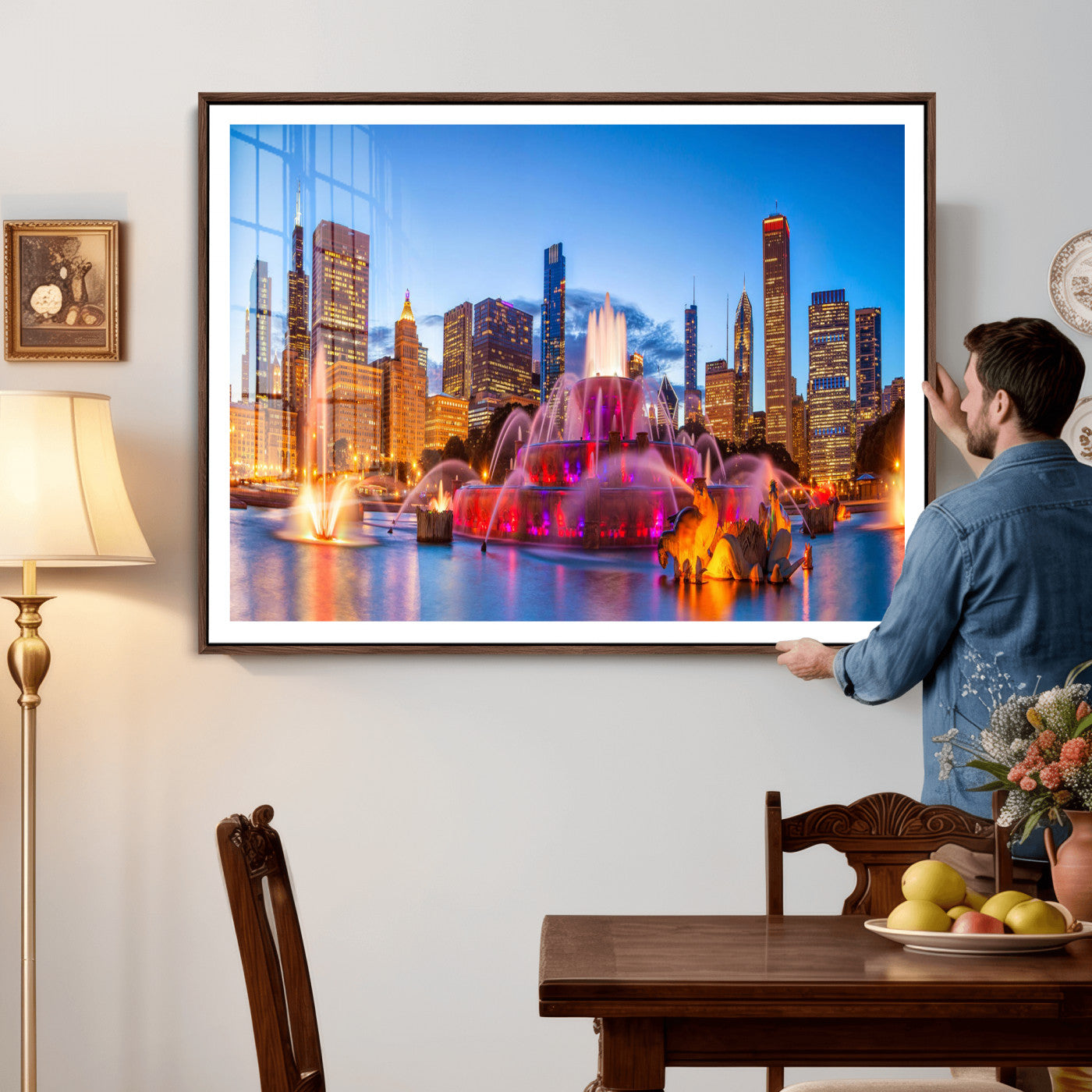 20251989-MGV-CV-36X24 - Chicago Wall Art Canvas Print, Chicago City Downtown Night Cityscape Print for Modern Urban Wall Decor