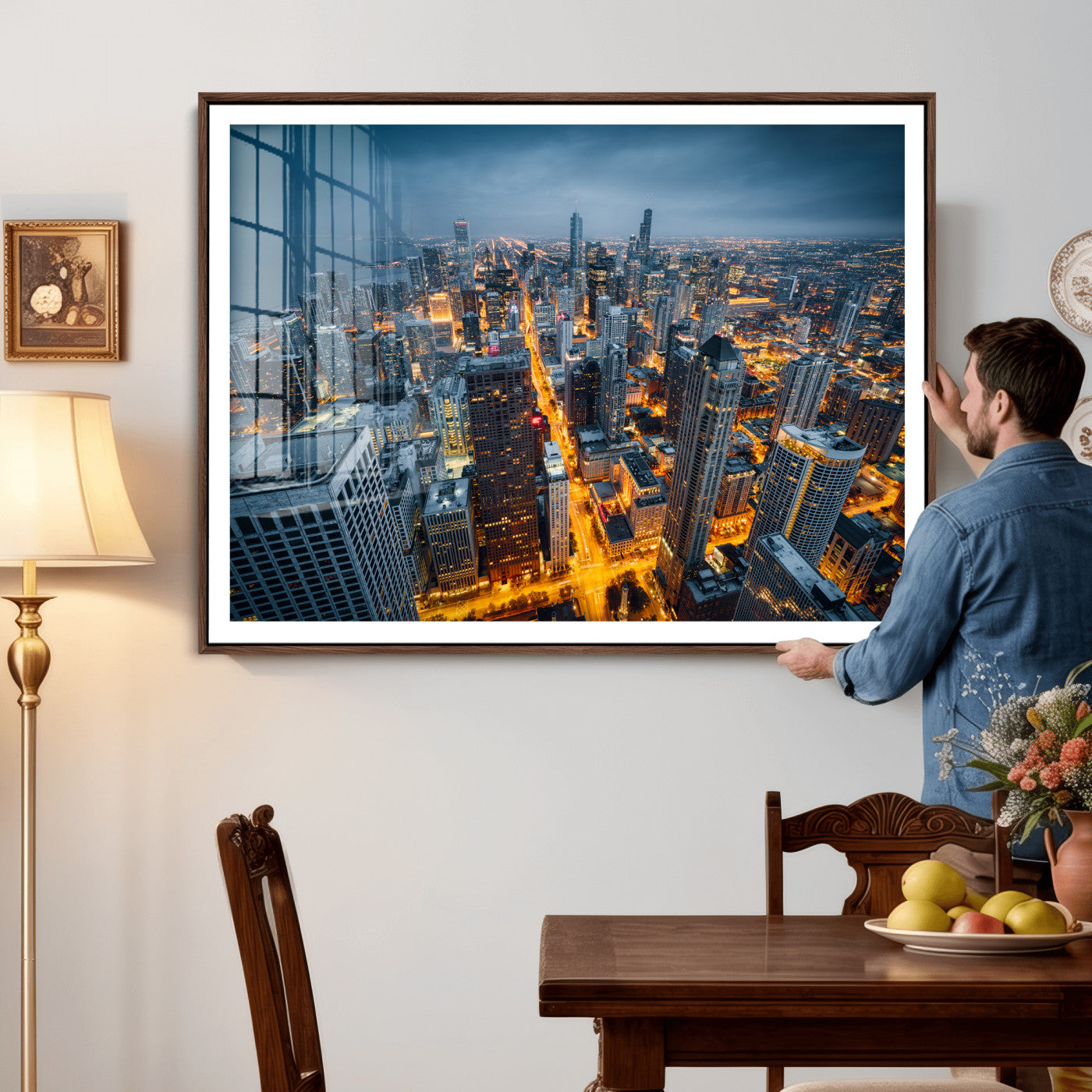 81742538-MGV-CV-36X24 - Chicago Wall Art Canvas Print, Chicago City Downtown Night Cityscape Print for Modern Urban Wall Decor