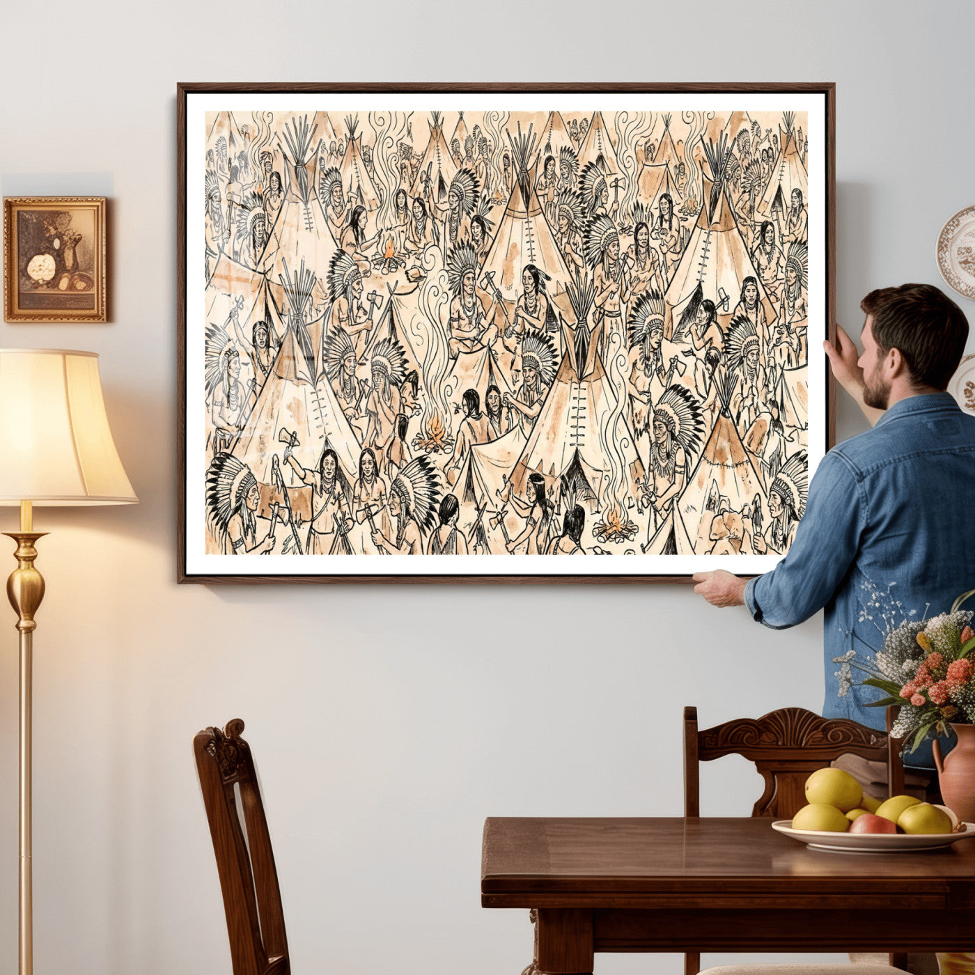 72739176-MGV-CV-36X24 - Farmhouse Animals Wall Art Canvas Print - Abstract Farm Animal Drawing Mid-Century Wall Art for Cabin Decor