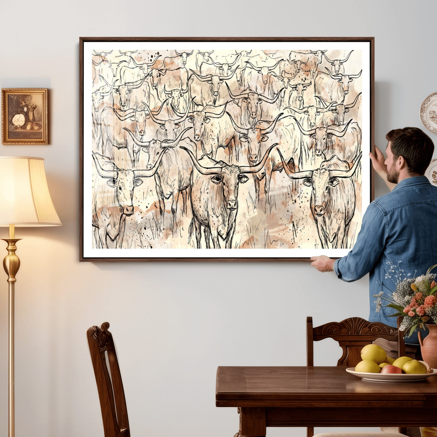 94055403-MGV-CV-36X24 - Farmhouse Animals Wall Art Canvas Print - Abstract Farm Animal Drawing Mid-Century Wall Art for Cabin Decor