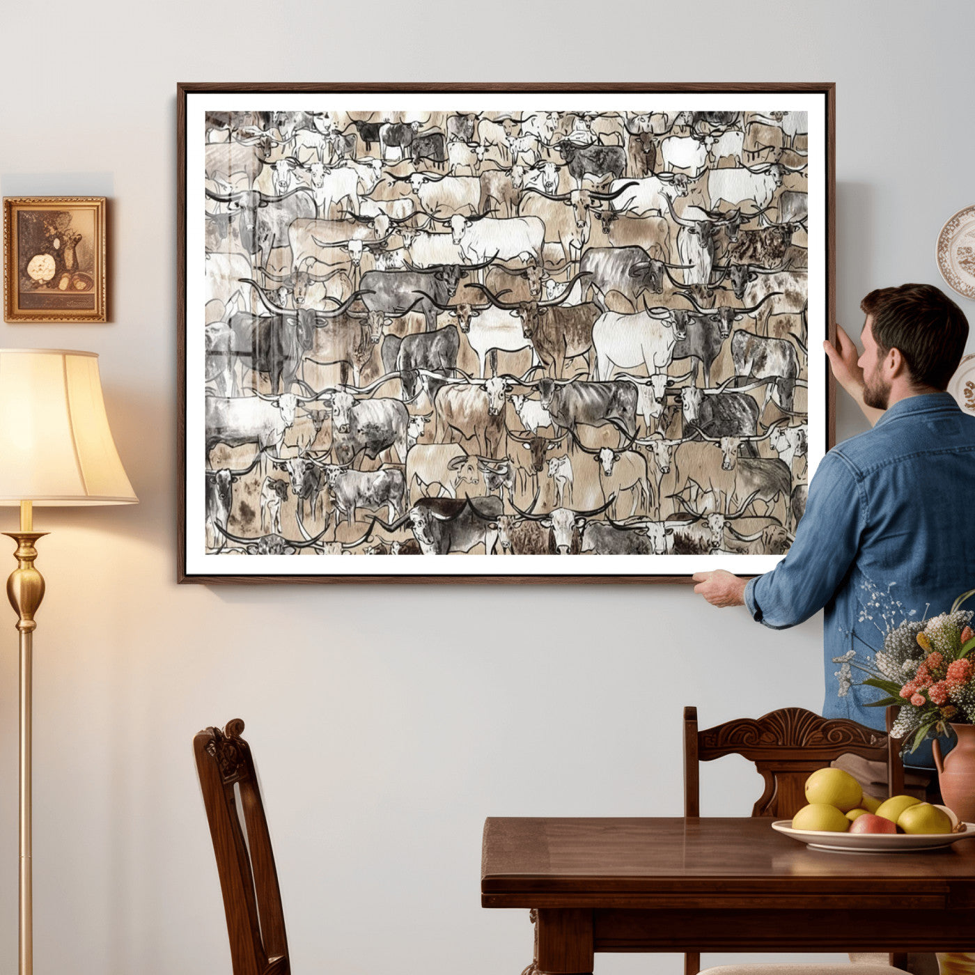 64368752-MGV-CV-36X24 - Farmhouse Animals Wall Art Canvas Print - Abstract Farm Animal Drawing Mid-Century Wall Art for Cabin Decor