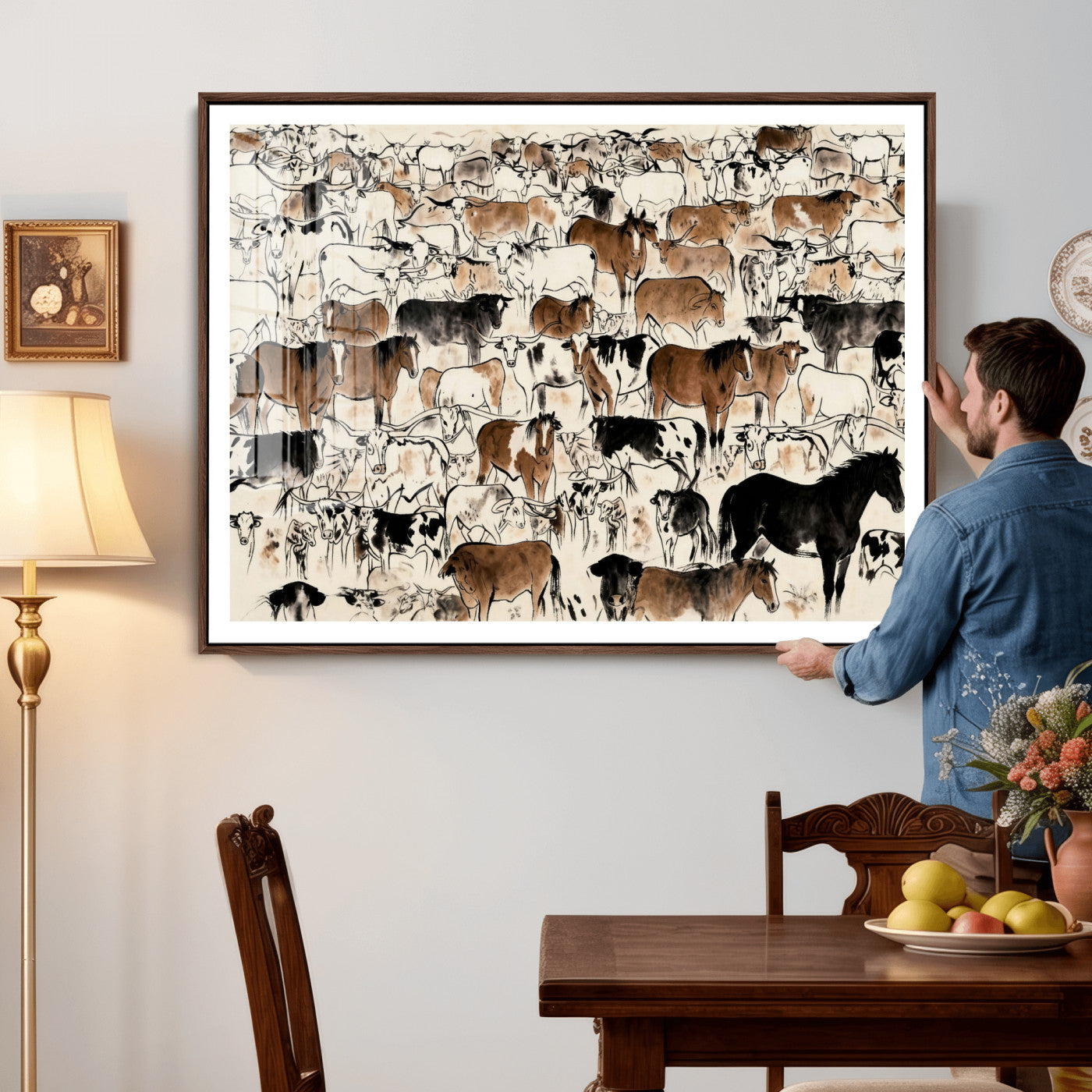 86150485-MGV-CV-36X24 - Farmhouse Animals Wall Art Canvas Print - Abstract Farm Animal Drawing Mid-Century Wall Art for Cabin Decor