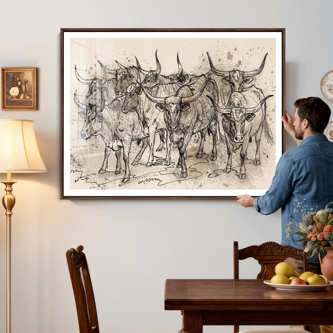 74232558-MGV-CV-36X24 - Farmhouse Animals Wall Art Canvas Print - Abstract Farm Animal Drawing Mid-Century Wall Art for Cabin Decor