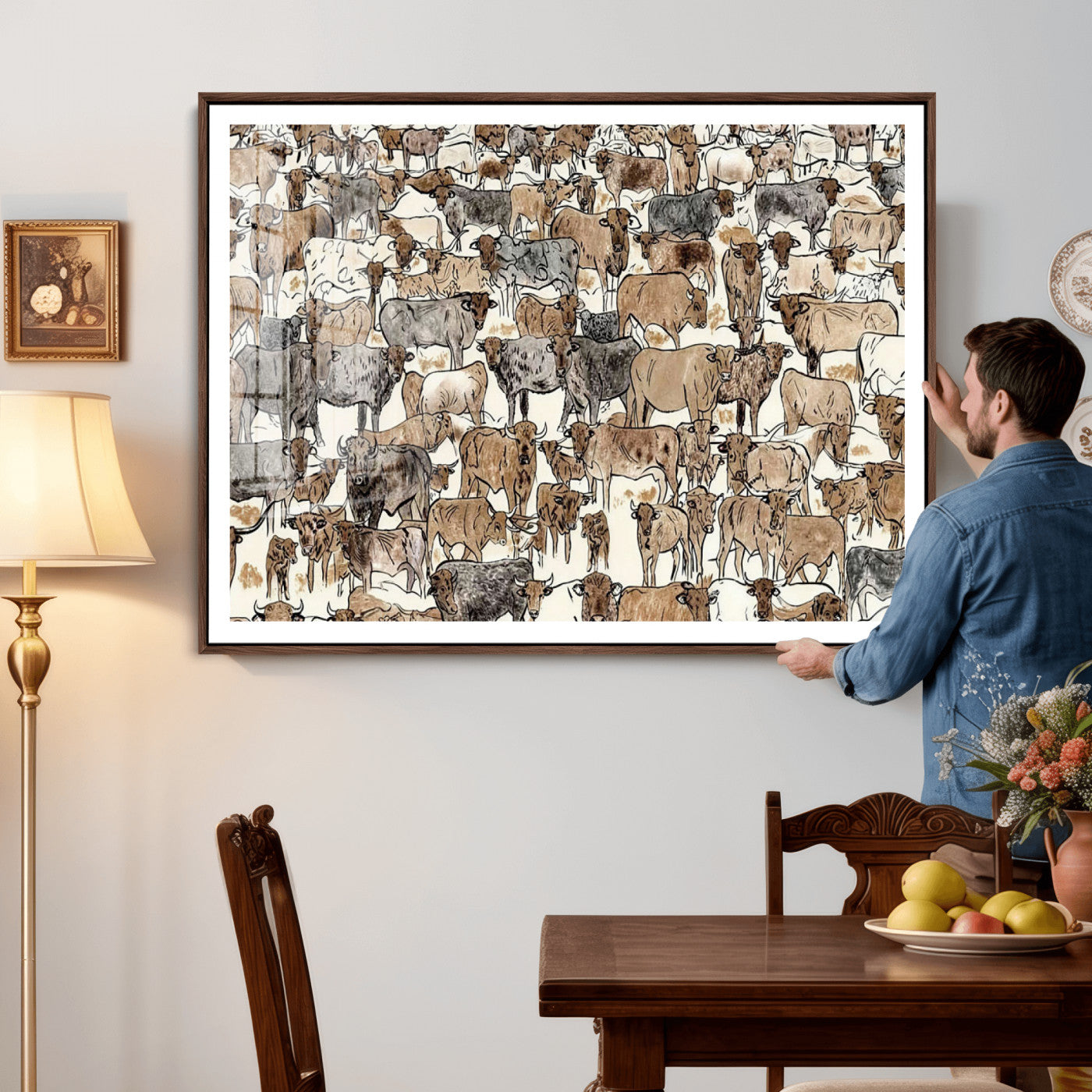 76902119-MGV-CV-36X24 - Farmhouse Animals Wall Art Canvas Print - Abstract Farm Animal Drawing Mid-Century Wall Art for Cabin Decor
