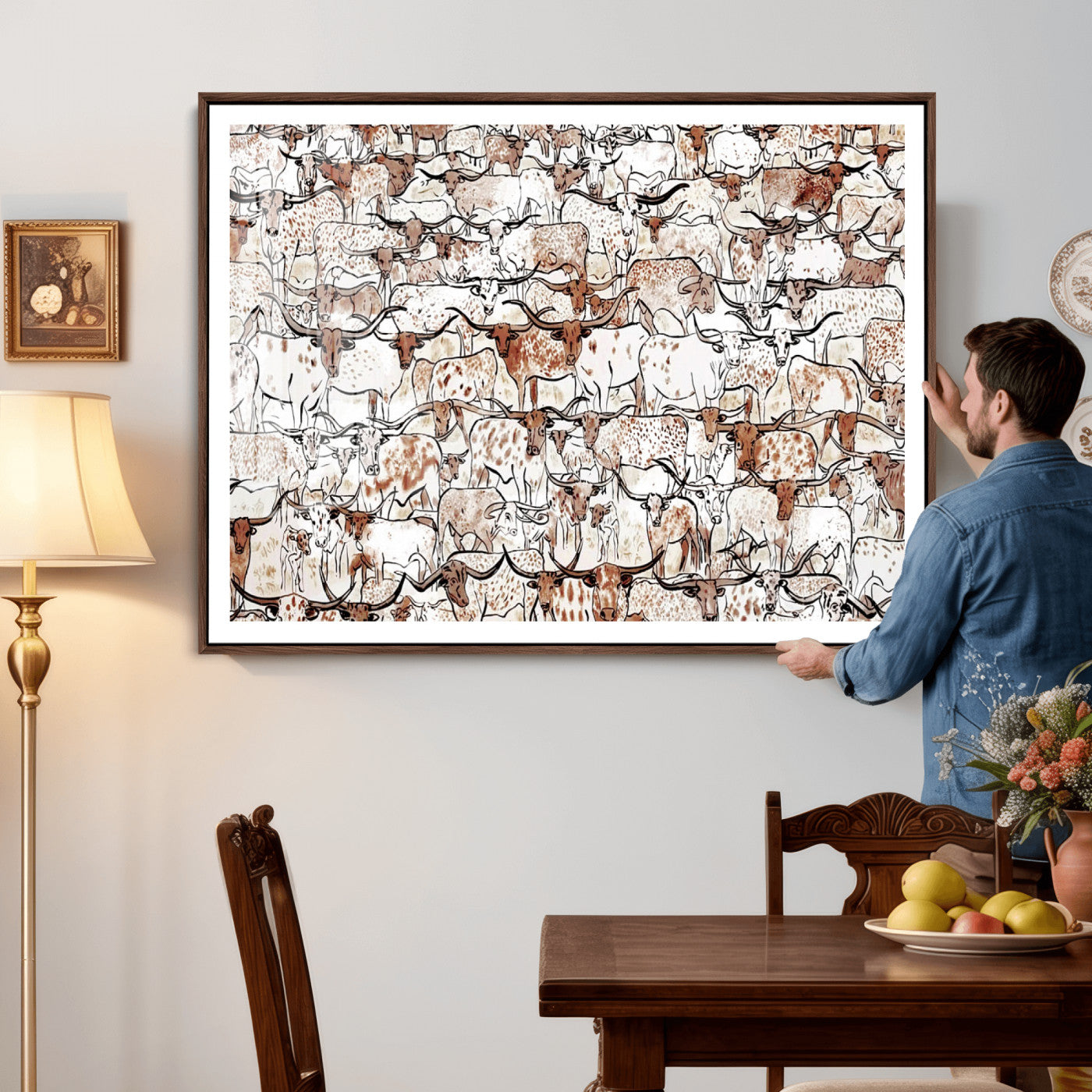 71869761-MGV-CV-36X24 - Farmhouse Animals Wall Art Canvas Print - Abstract Farm Animal Drawing Mid-Century Wall Art for Cabin Decor