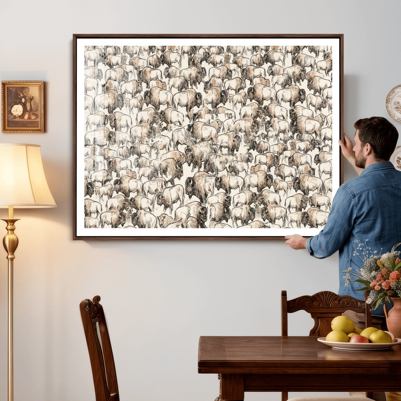 77502929-MGV-CV-36X24 - Farmhouse Animals Wall Art Canvas Print - Abstract Farm Animal Drawing Mid-Century Wall Art for Cabin Decor